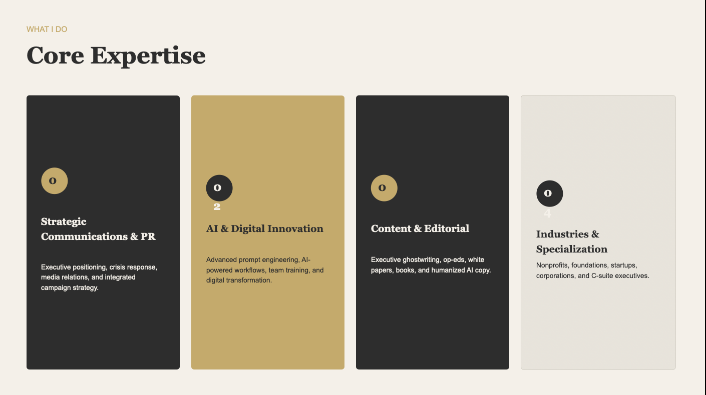 Strategic Communications & PR', 'AI & Digital Innovation', 'Content & Editorial', and 'Industries & Specialization