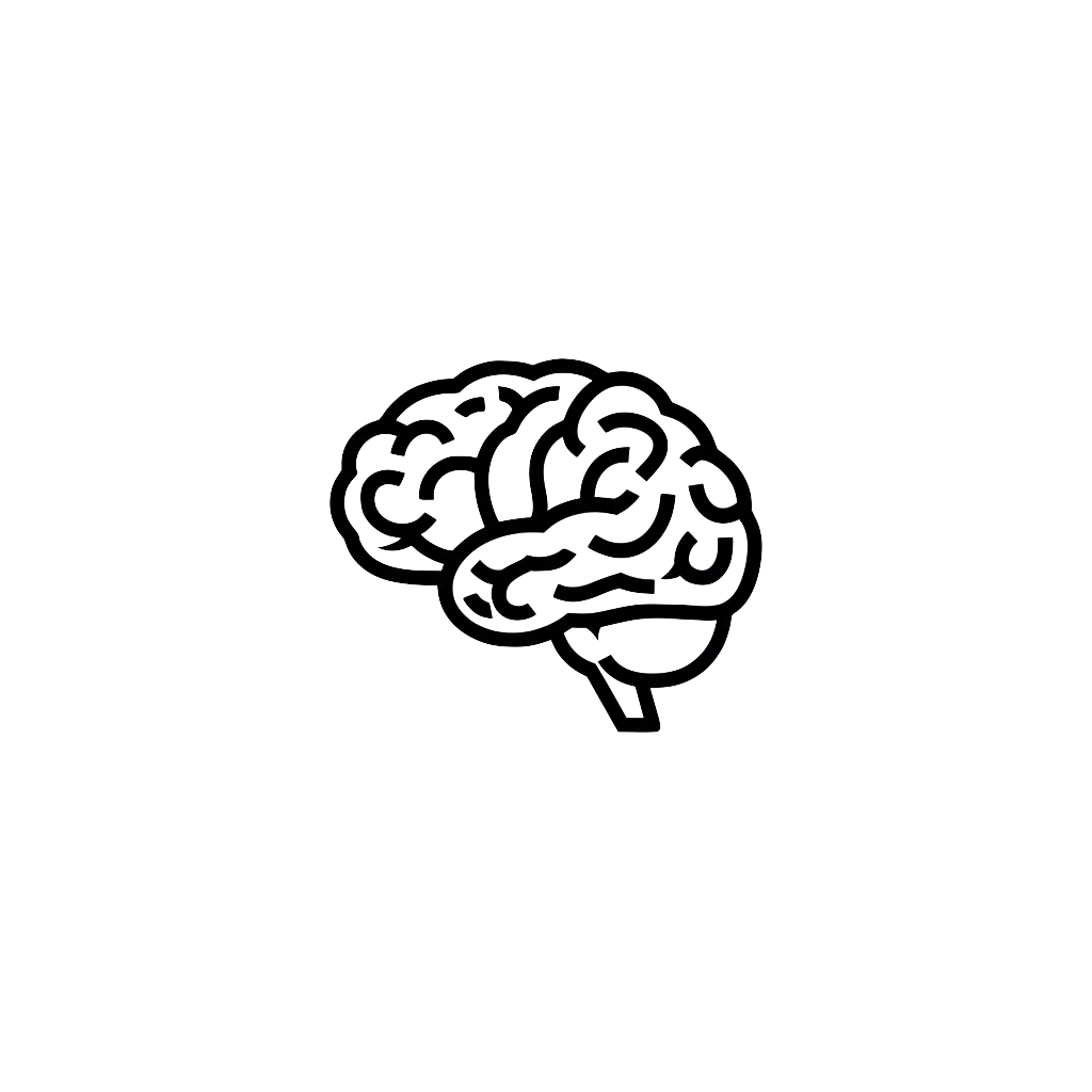 Line drawing of a human brain in the center, surrounded by a circular maze pattern, on a black background.