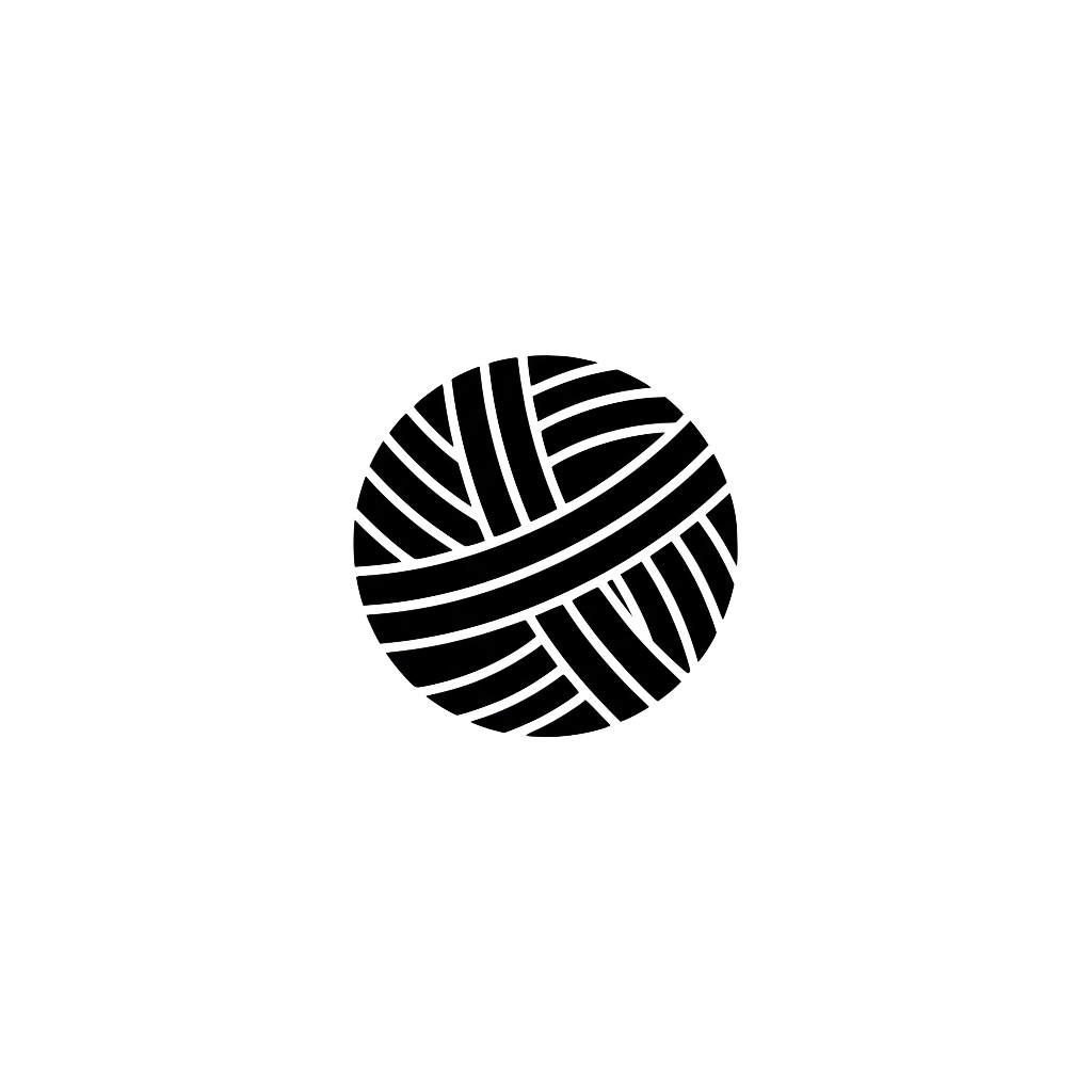 Black background with white line drawing of a ball of yarn with knitting needles crossing at the top.