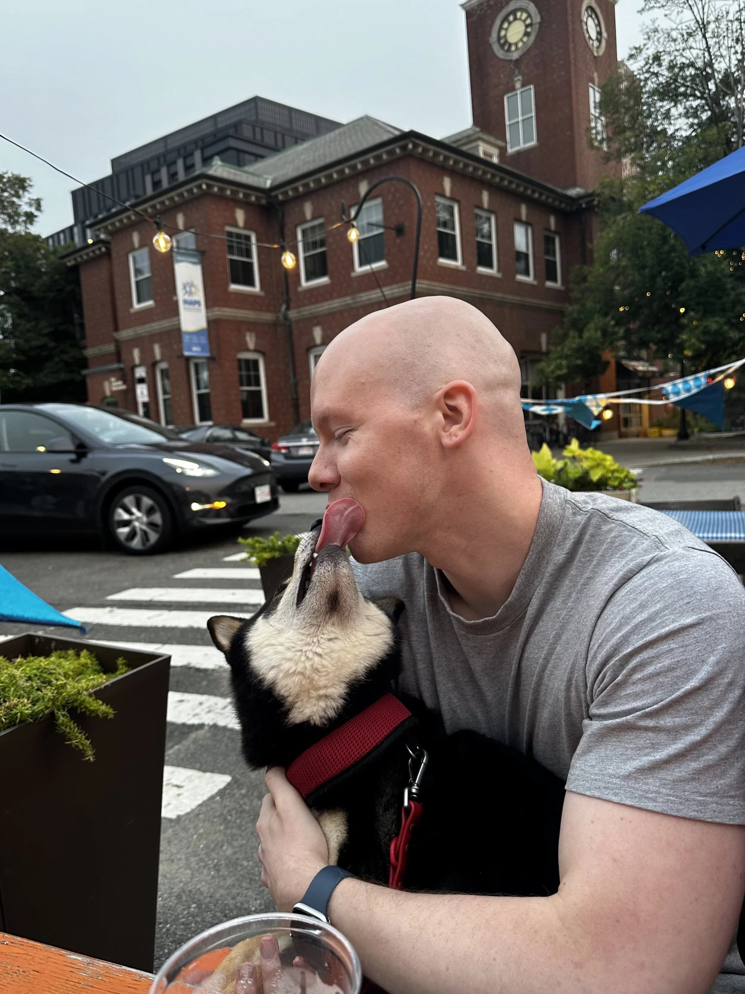 A man and a husky dog sharing a lick outdoors at a restaurant patio, with brick buildings, parked cars, and string lights in the background.