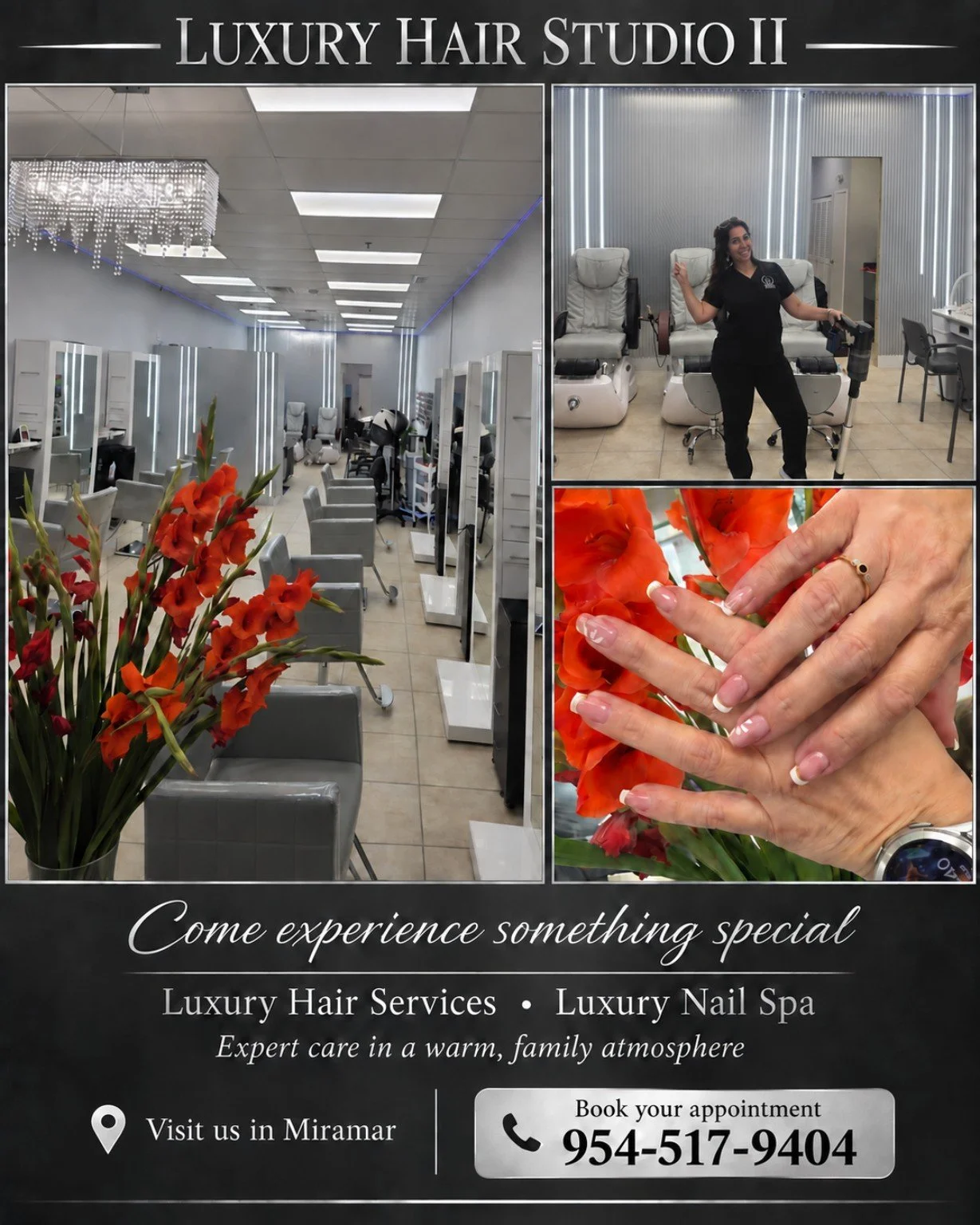 Advertisement for Luxury Hair Studio II featuring a salon interior with styling stations, a woman in a nail spa, and a bouquet of red flowers. Text includes: "Come experience something special", "Luxury Hair Services", "Luxury Nail Spa", "Expert care