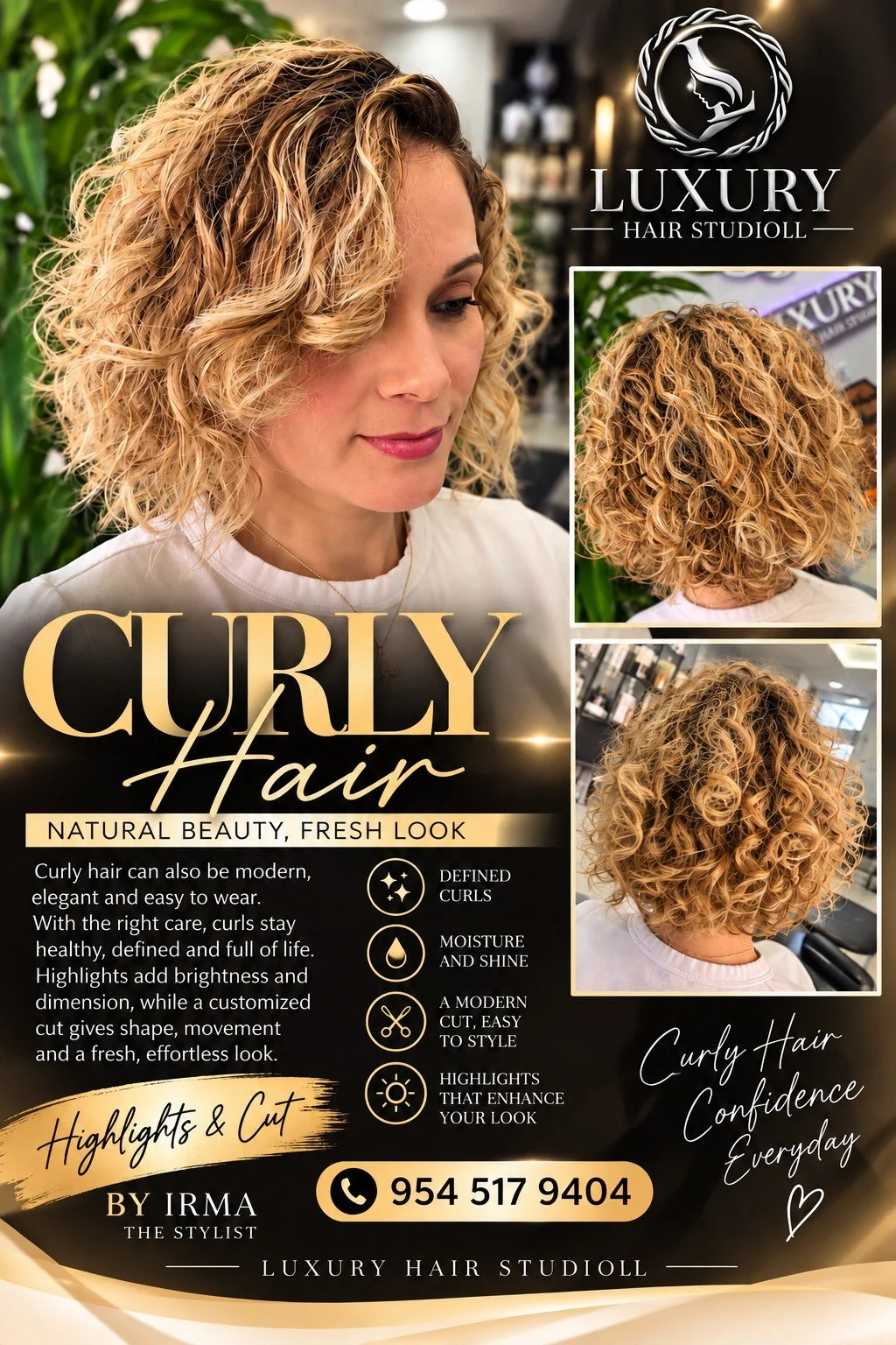 Promotional flyer for a luxury hair studio featuring a woman with blonde, curly hair. The flyer highlights curly hair's natural beauty, including defined curls, moisture, shine, and modern easy-to-style cuts. It includes three photos of curly hair fr