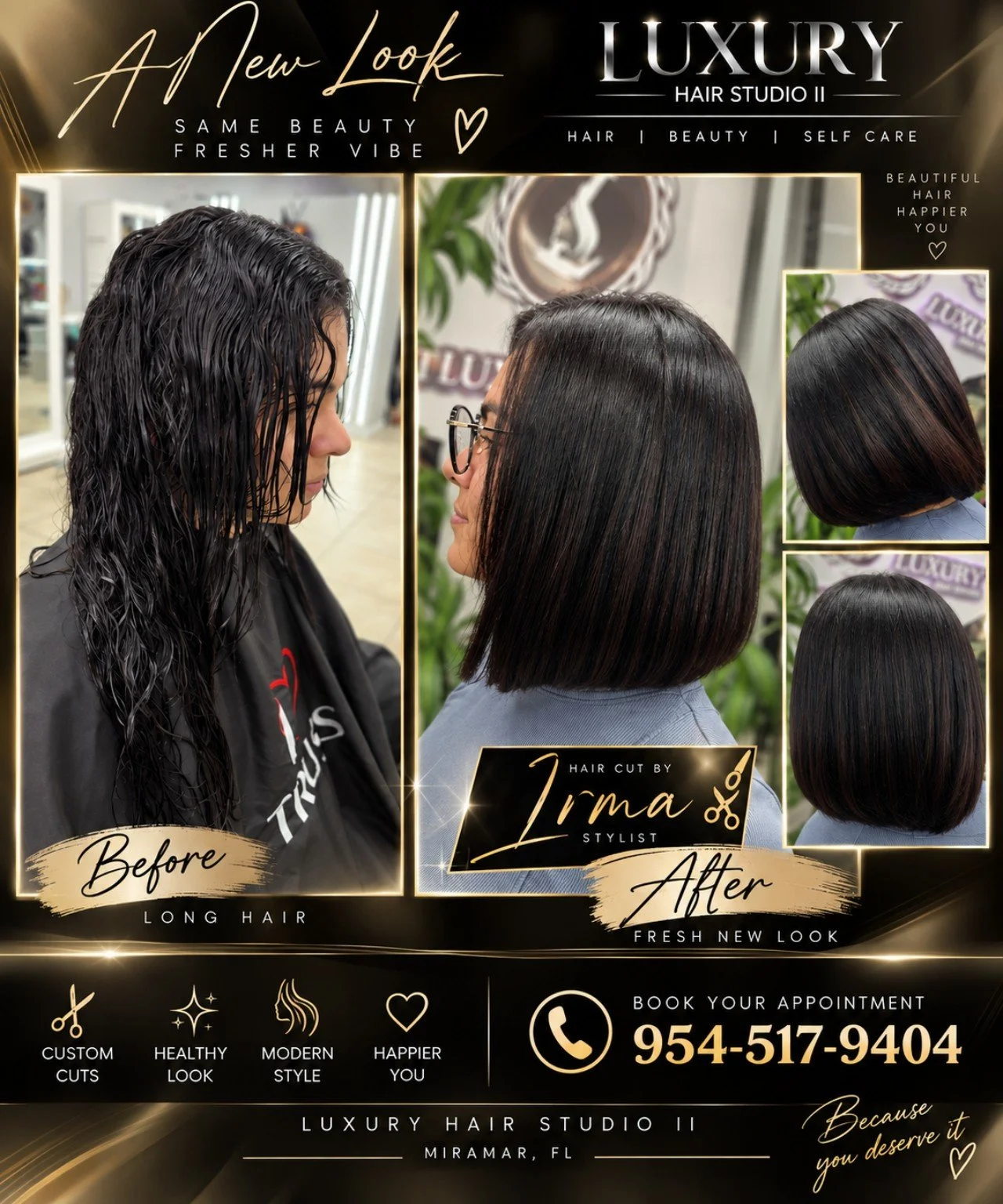 Before and after images of a woman showcasing a hair transformation at luxury hair studio. The before picture shows long, wet, wavy hair, and the after picture displays a sleek, straight, chin-length bob haircut.