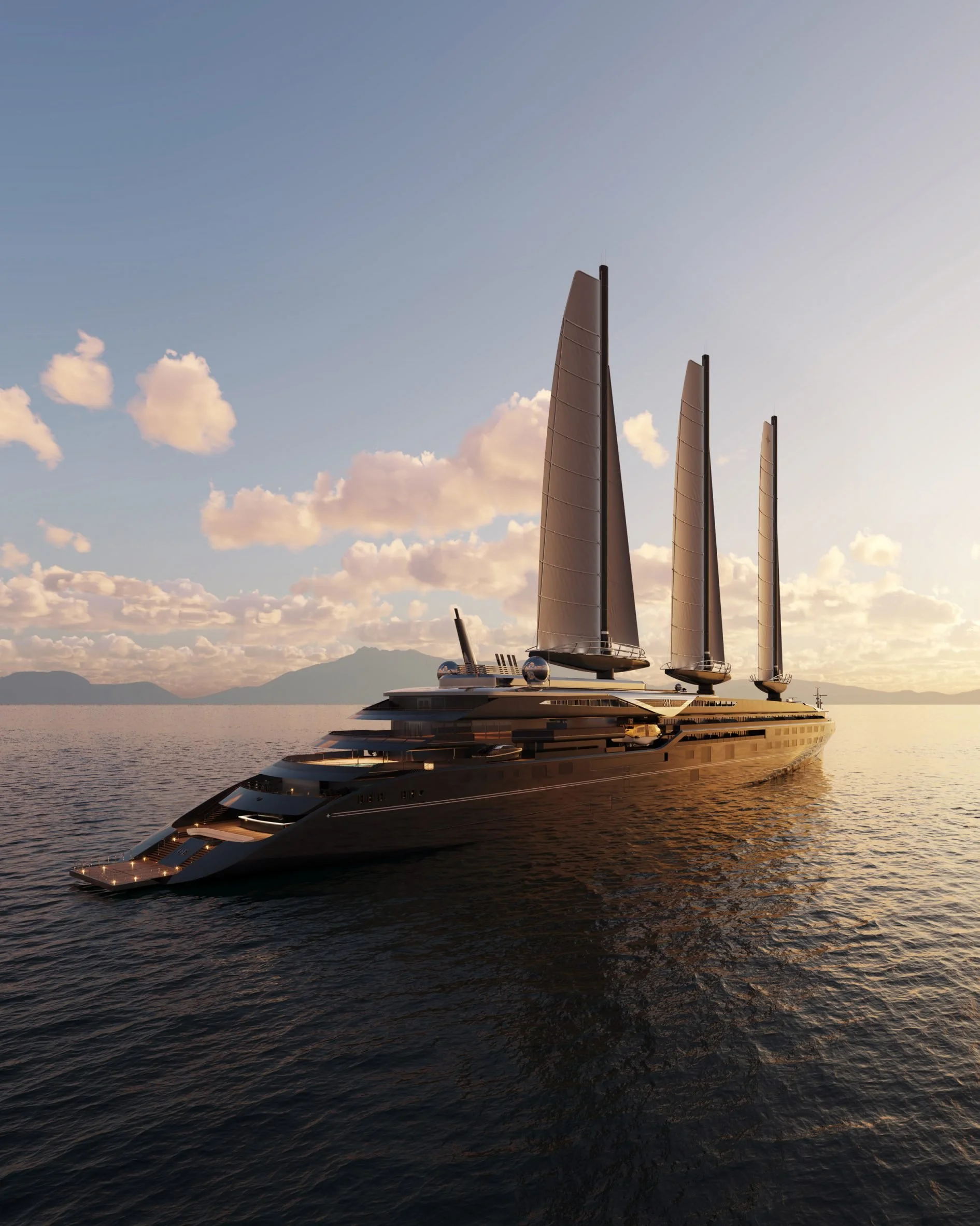 A luxury yacht with tall sails floating on calm water with mountains in the distance and a sky with scattered clouds at sunset.