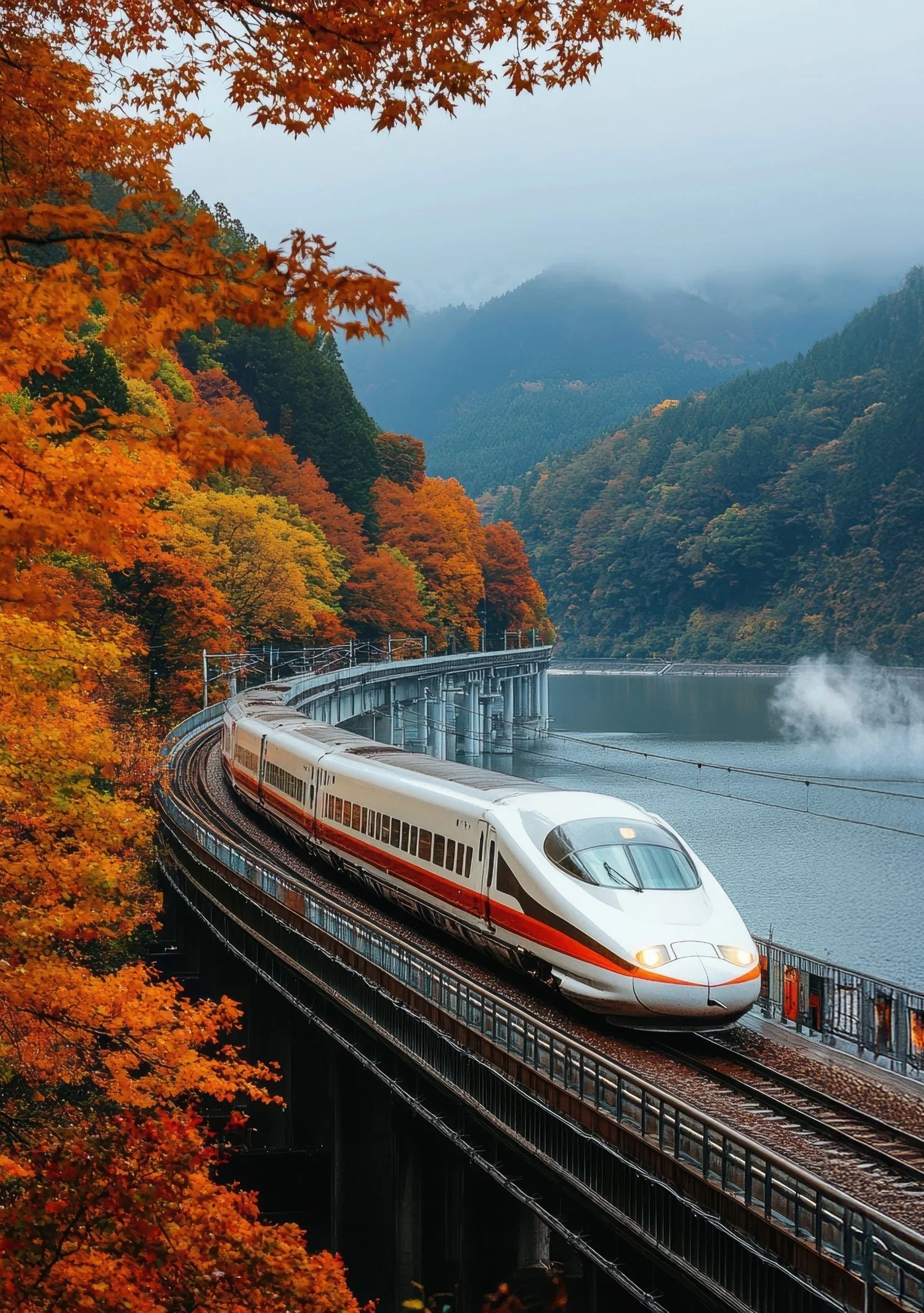 A high-speed train traveling on a bridge over a misty lake surrounded by fall foliage in shades of orange, yellow, and green, with mountains in the background.