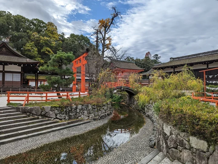 Traditional Japanese shrine with red torii gate, small bridge, stone pathway, lush greenery, and wooden buildings with tiled roofs, under a partly cloudy sky.
