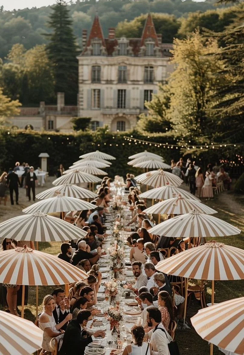 Large dinner party on the lawn of a large private chateau pallazzo in italy or France with stripped umbrellas and a long set table
