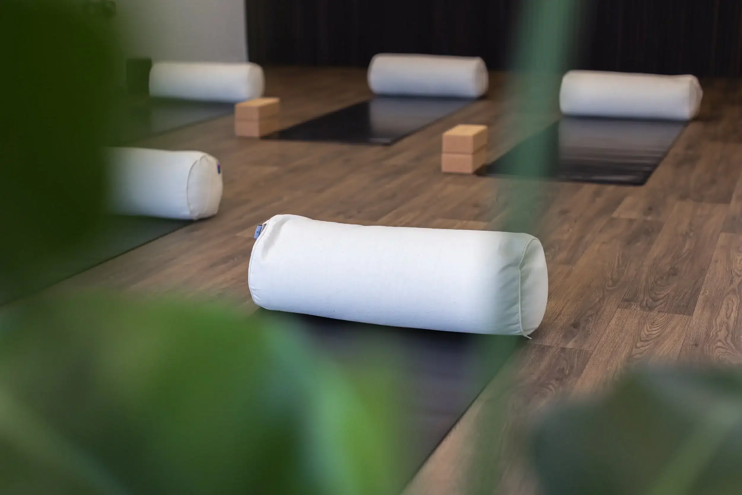 Yoga mats, bolsters and blocks set out in the studio