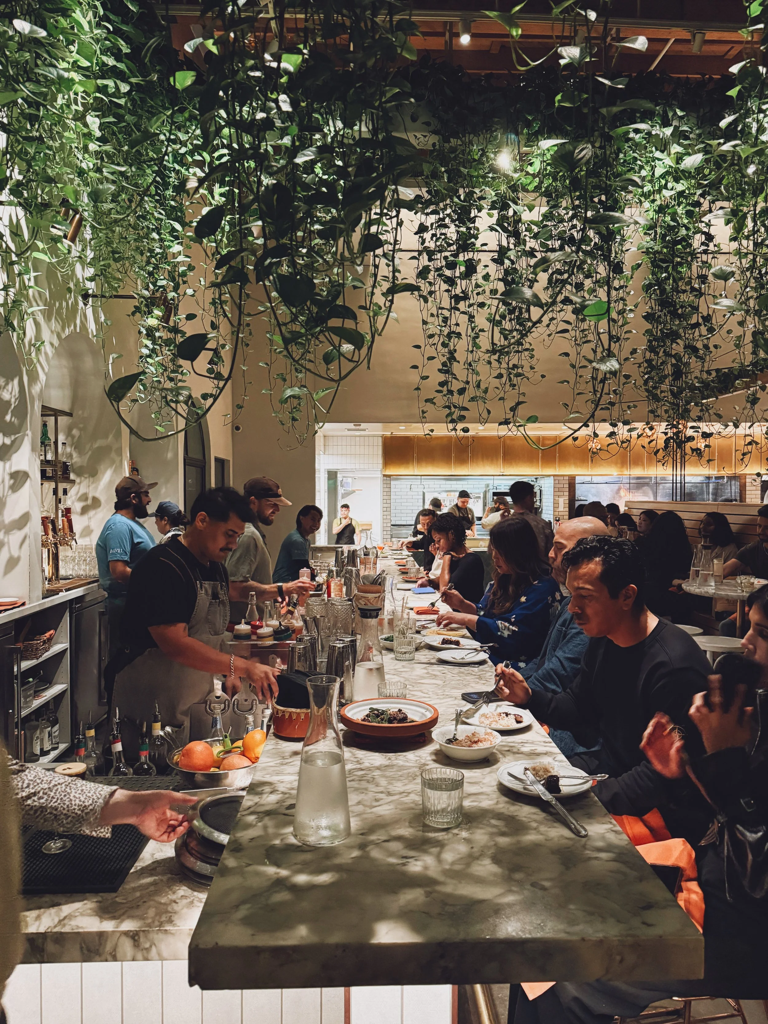 People dining at a restaurant with a marble counter, hanging green plants overhead, and kitchen staff preparing food in the background.