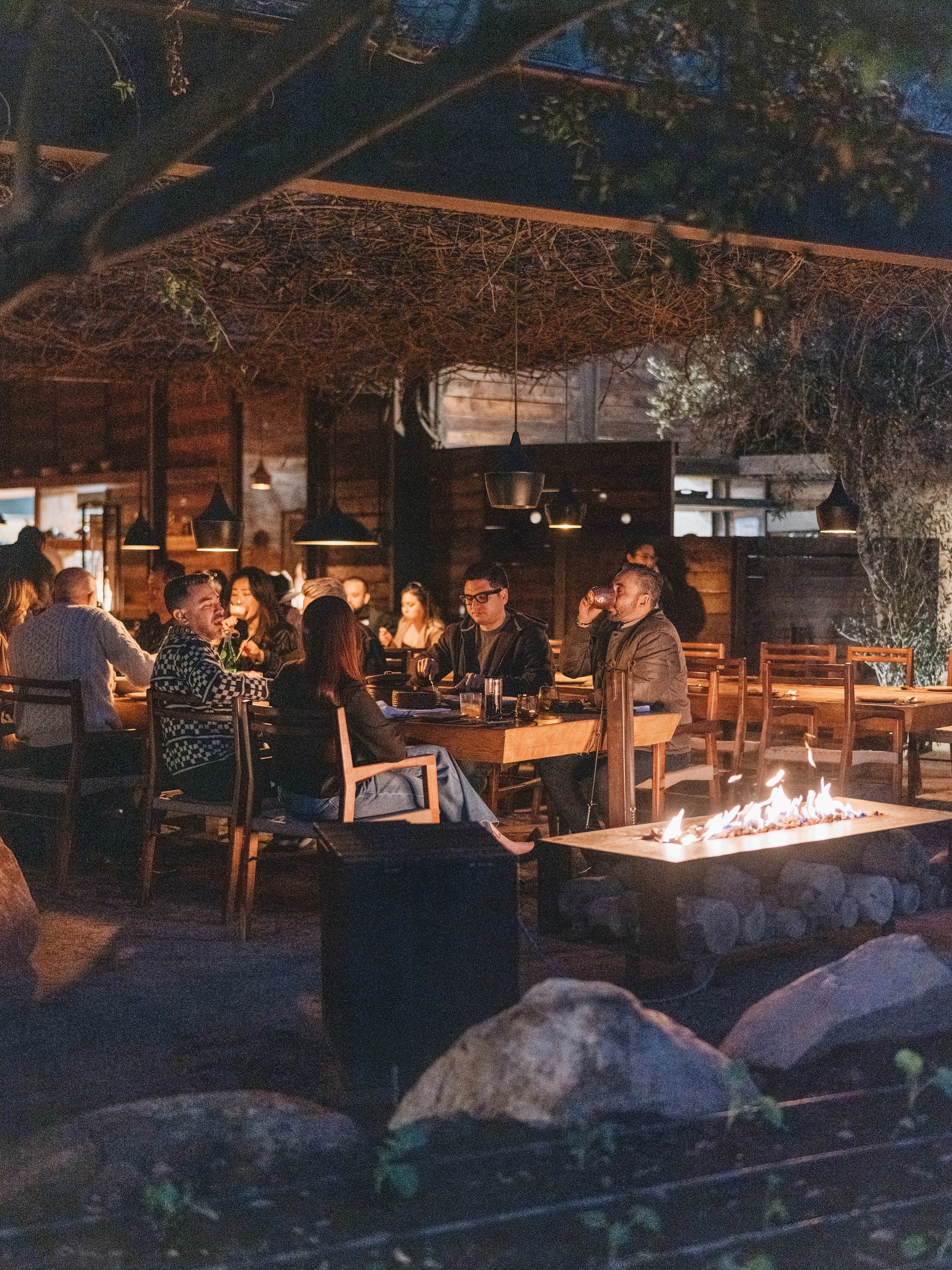 People dining outdoors at night around a wooden table with a fire pit, in a warmly lit rustic setting with trees and wooden structures.