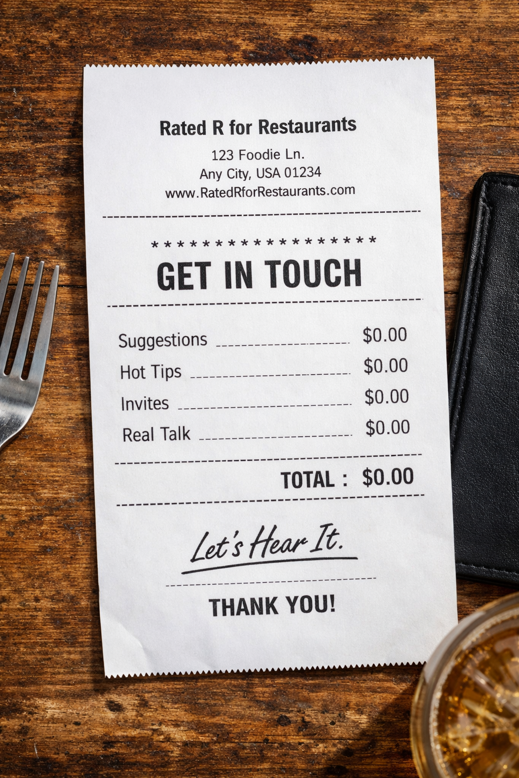 A restaurant receipt from Rated R for Restaurants on a wooden table, with a fork to the left and a drink at the bottom right corner.
