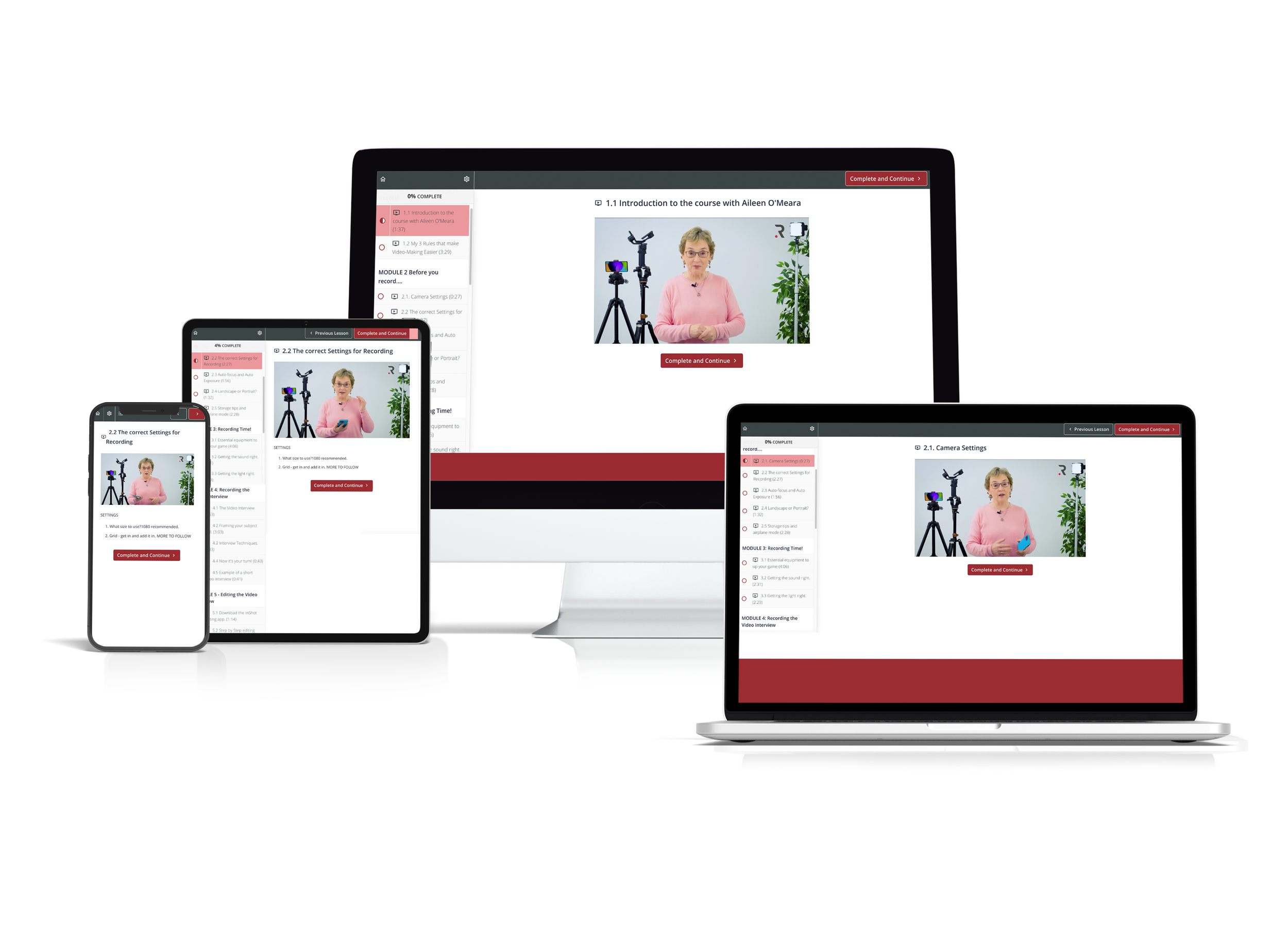 Multiple electronic devices display an online course featuring a woman in a pink sweater speaking in front of camera and lighting equipment, with a plant in the background.