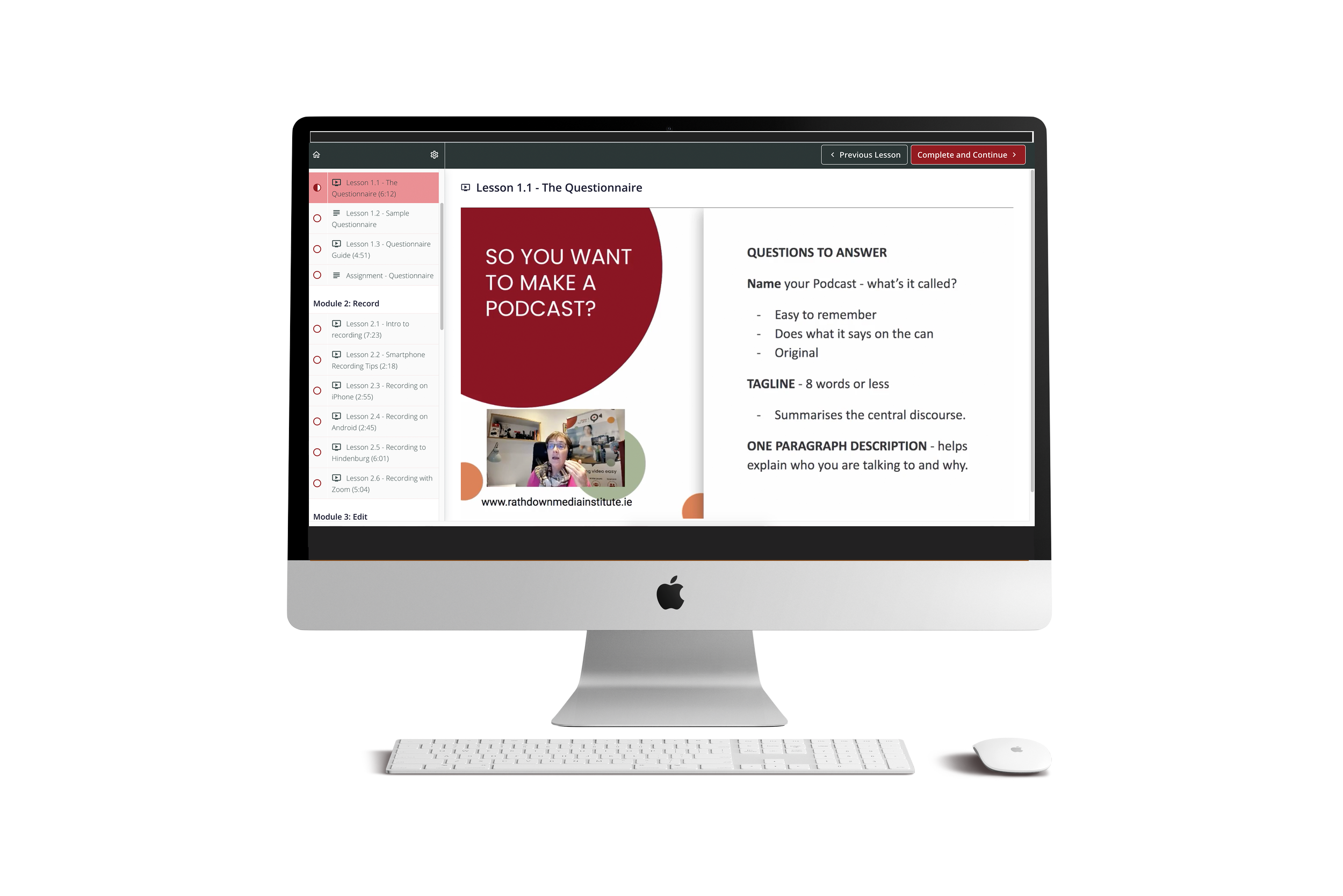 An iMac computer displaying an online lesson about creating a podcast, with a sidebar of lesson modules on the left and lesson content on the right.