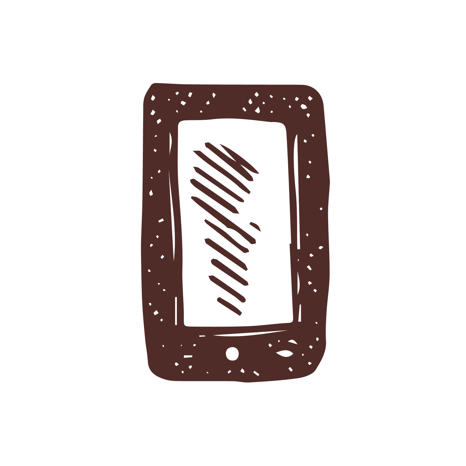 Hand-drawn illustration of a smartphone with a black screen and a brown outline against a black background.