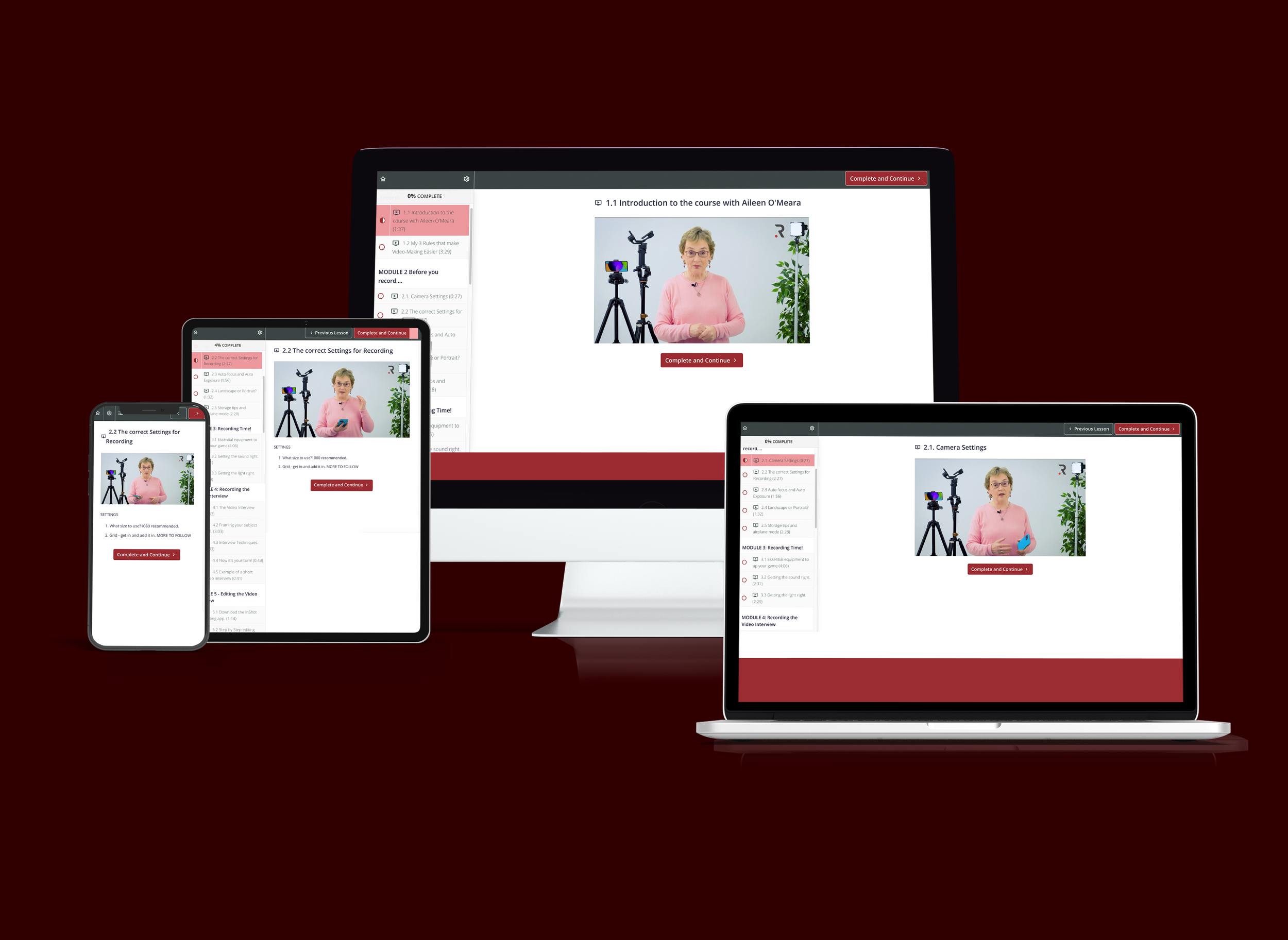 Multiple electronic devices including an iPhone, iPad, MacBook, and iMac displaying an online course with a woman in a pink top teaching about camera setup, with a camera and plants in the background.