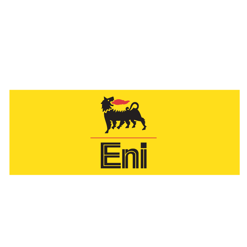 Logo of Eni, an Italian oil and gas company, featuring a black lion with a red tongue and a red flame on its back, on a yellow background with the company's name in bold black letters.