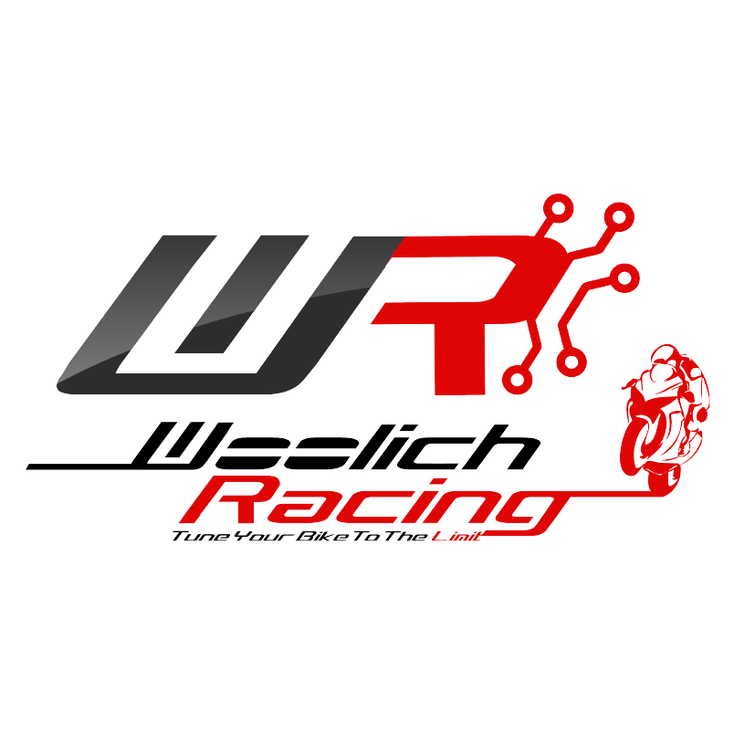 Logo with stylized 'W' and 'R' for 'W-Switch Racing', featuring a circuit board pattern connecting to a motorcycle rider silhouette, with the tagline 'Tune Your Bike To The Limit'.