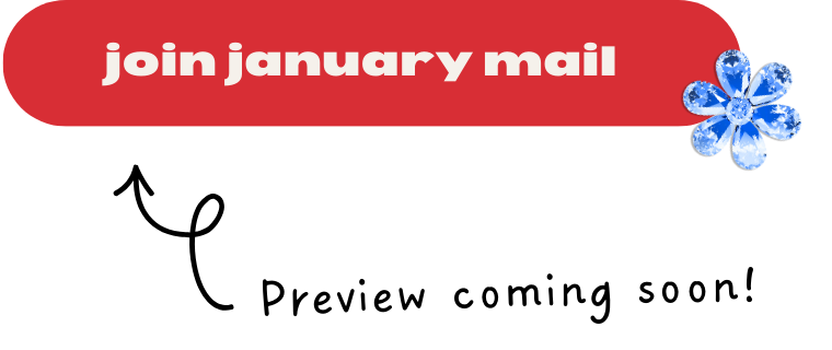 Red banner with white text saying 'join january mail' and a blue flower in the top right corner.
