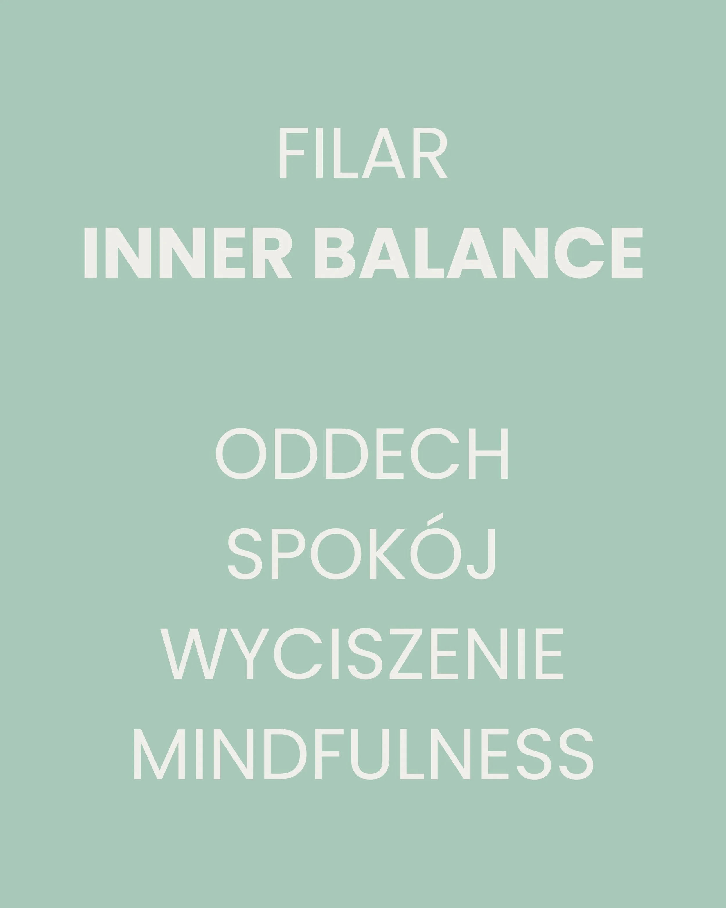 Inspirational quote about inner balance and mindfulness in English and Polish on a light green background.