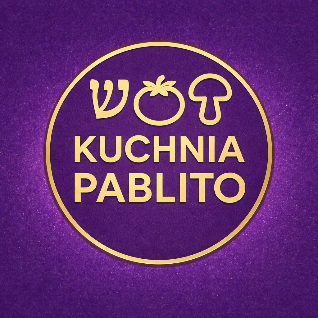 Purple background with a gold circle logo containing the words "Voo Kuchnia Pablito" and icons of a carrot and mushroom.