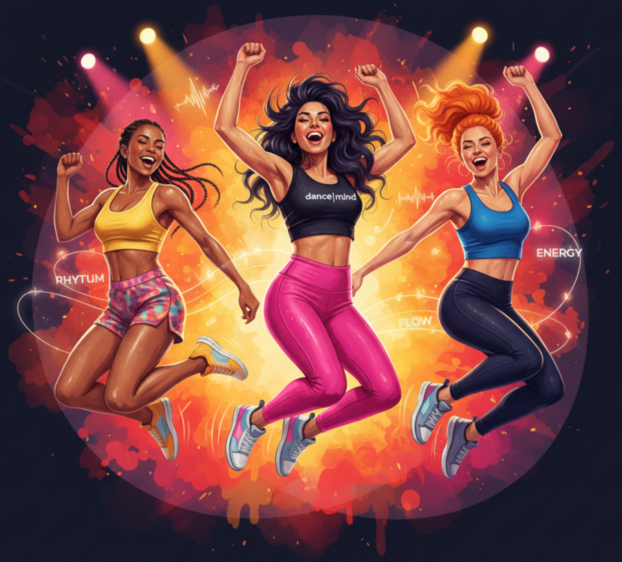 Three women in energetic dance poses, jumping with enthusiasm, surrounded by vibrant colors and abstract music and energy graphics.