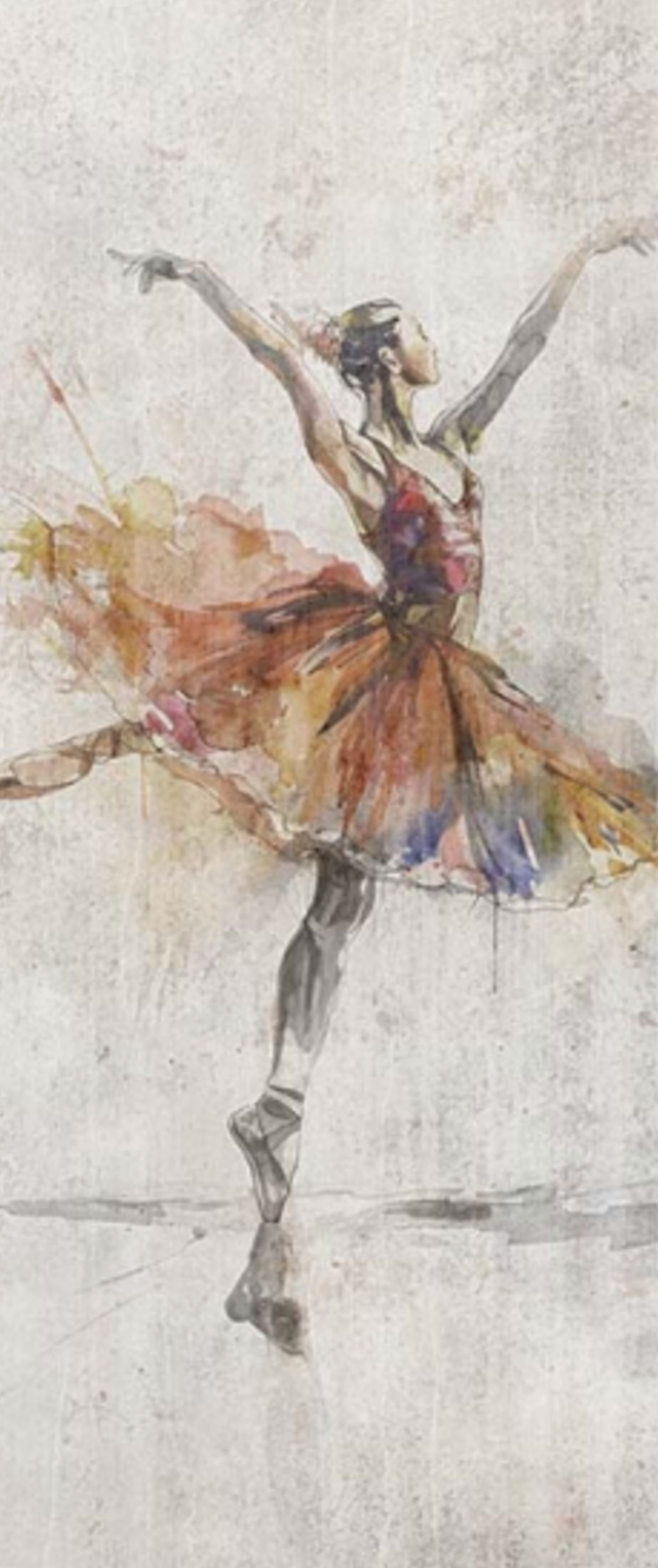 Watercolor painting of a ballet dancer in a tutu, balancing on one foot with arms stretched outward.