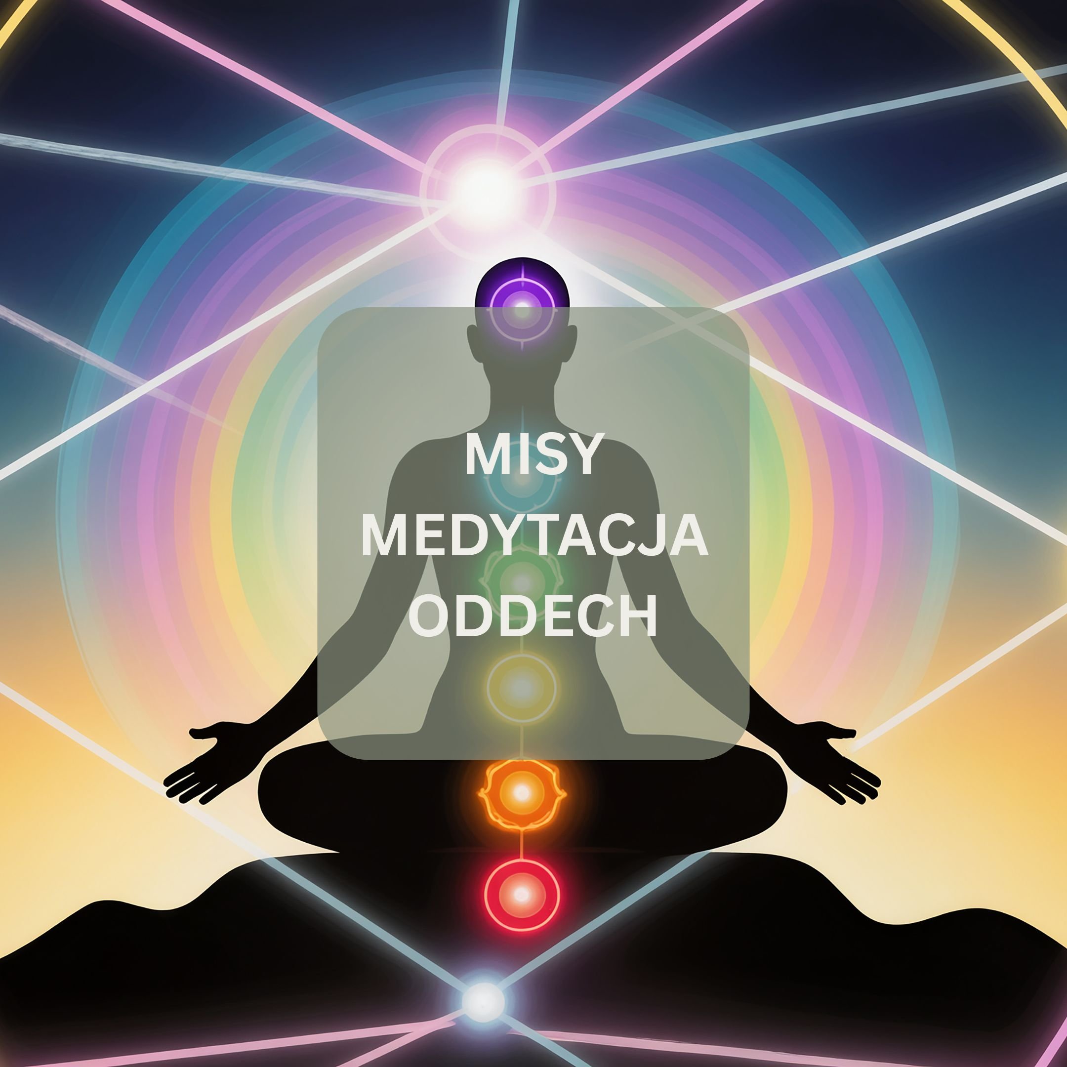 Silhouette of a person meditating in a seated position with chakra symbols aligned along the center, against a colorful, cosmic background with radiating lines and orbs of light.