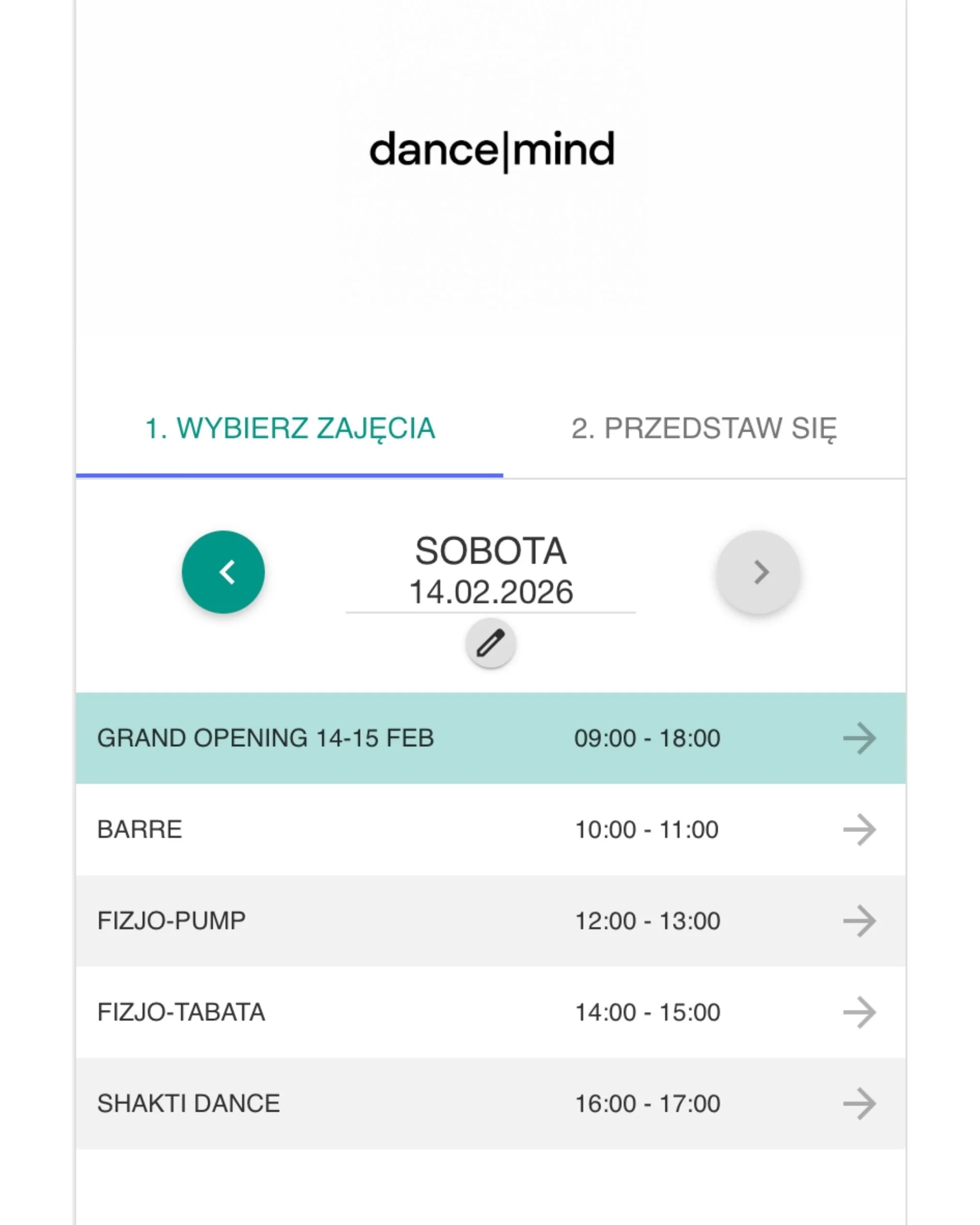 Mobile app screen showing a dance schedule with classes on Saturday, February 14, 2026, including Grand Opening, Barre, Fizjo-Pump, Fizjo-Tabata, and Shakti Dance.