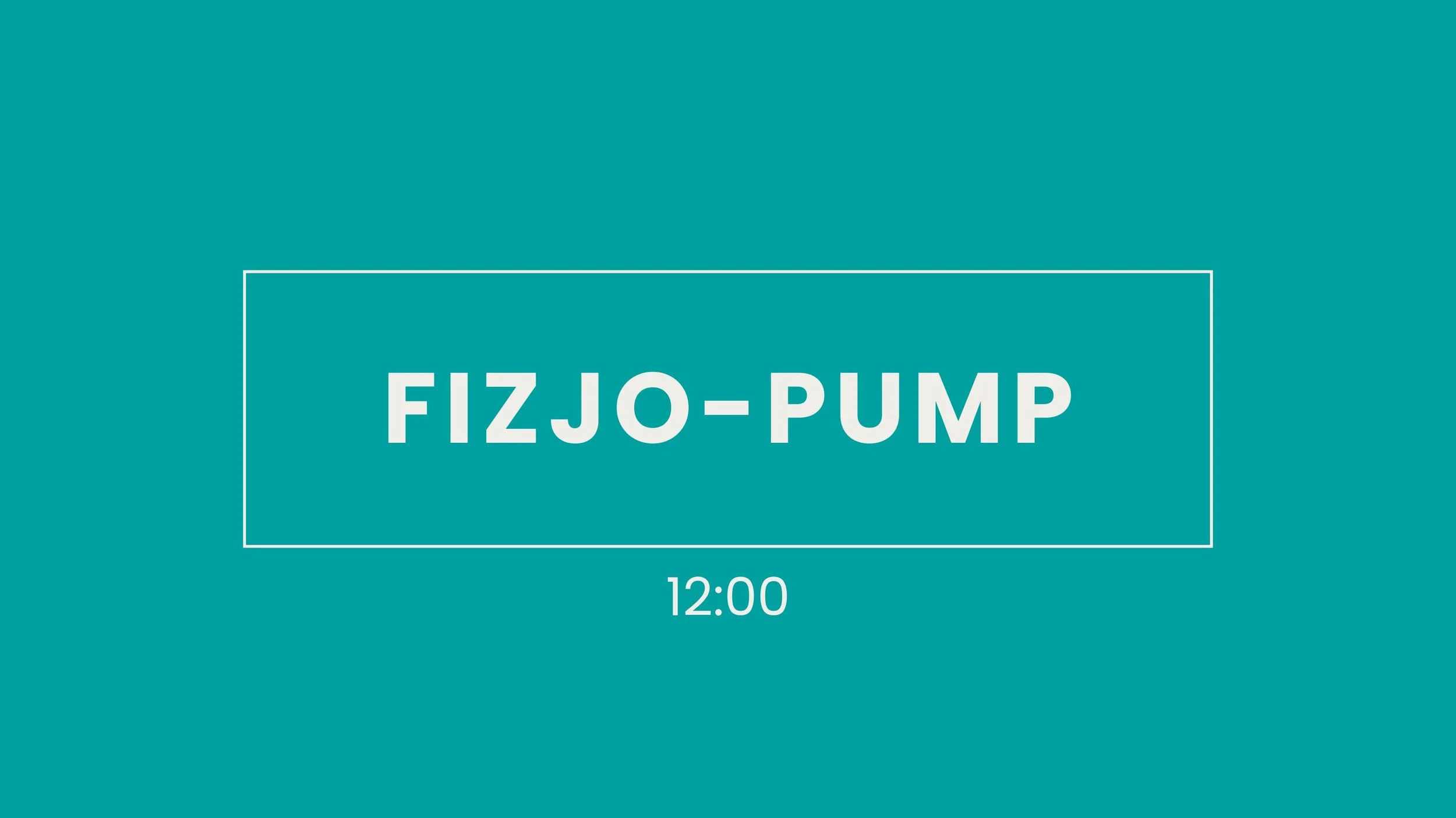 Digital screen displaying the text 'FIZJO-PUMP' in large font, with the time '12:00' below it, on a teal background.