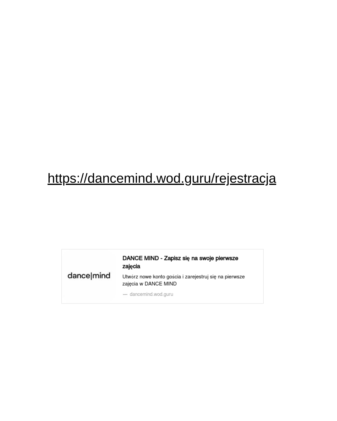 Screenshot of a webpage about DANCE MIND, with a link and a description in Polish encouraging users to sign up for dance classes.