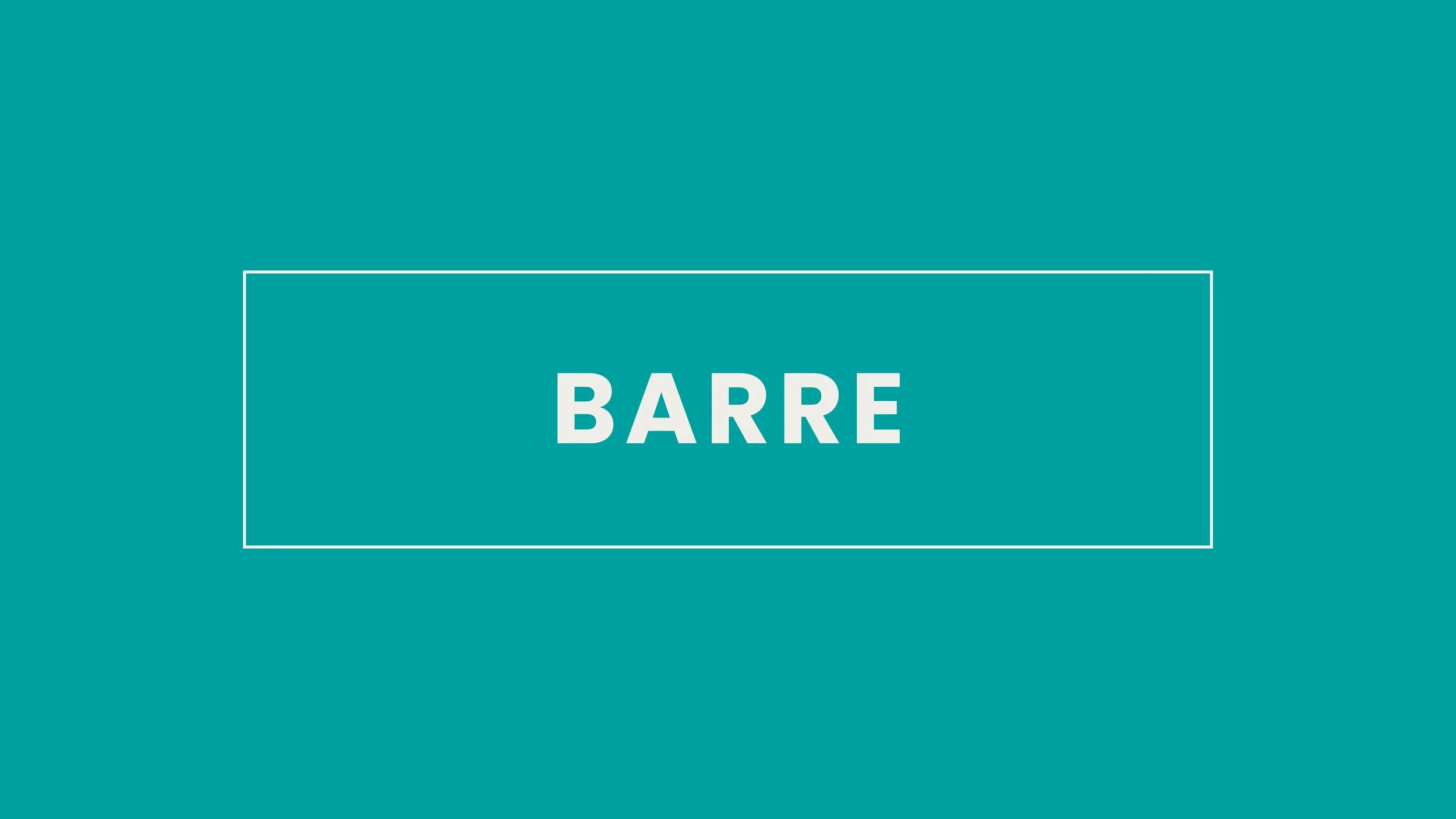 Teal-colored background with a white rectangular box containing the word 'BARRE' in bold uppercase letters. Zajęcia Barre przy drążku łączące balet i fitness w Wilanowie.