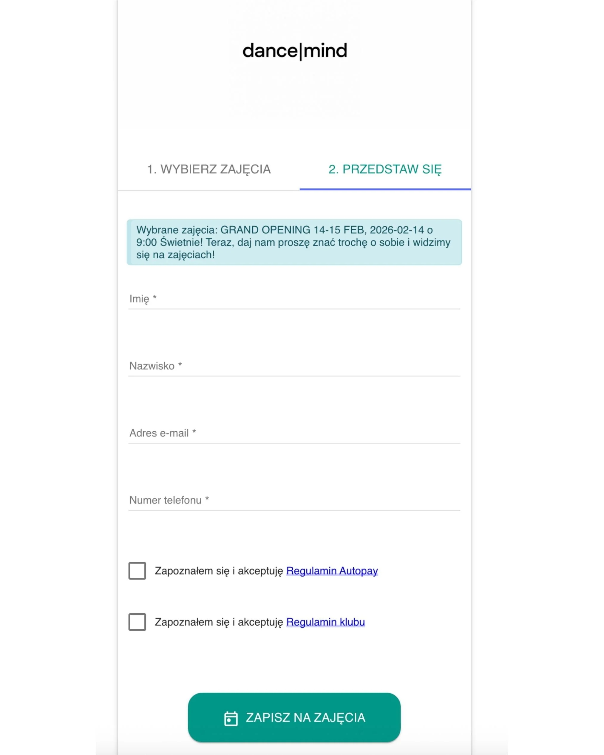 Online class registration form in Polish for dance classes, featuring a blue highlighted message about a grand opening event on February 14-15, 2026, with fields for name, surname, email, phone number, and checkboxes for terms acceptance, along with a 'Save for classes' button.