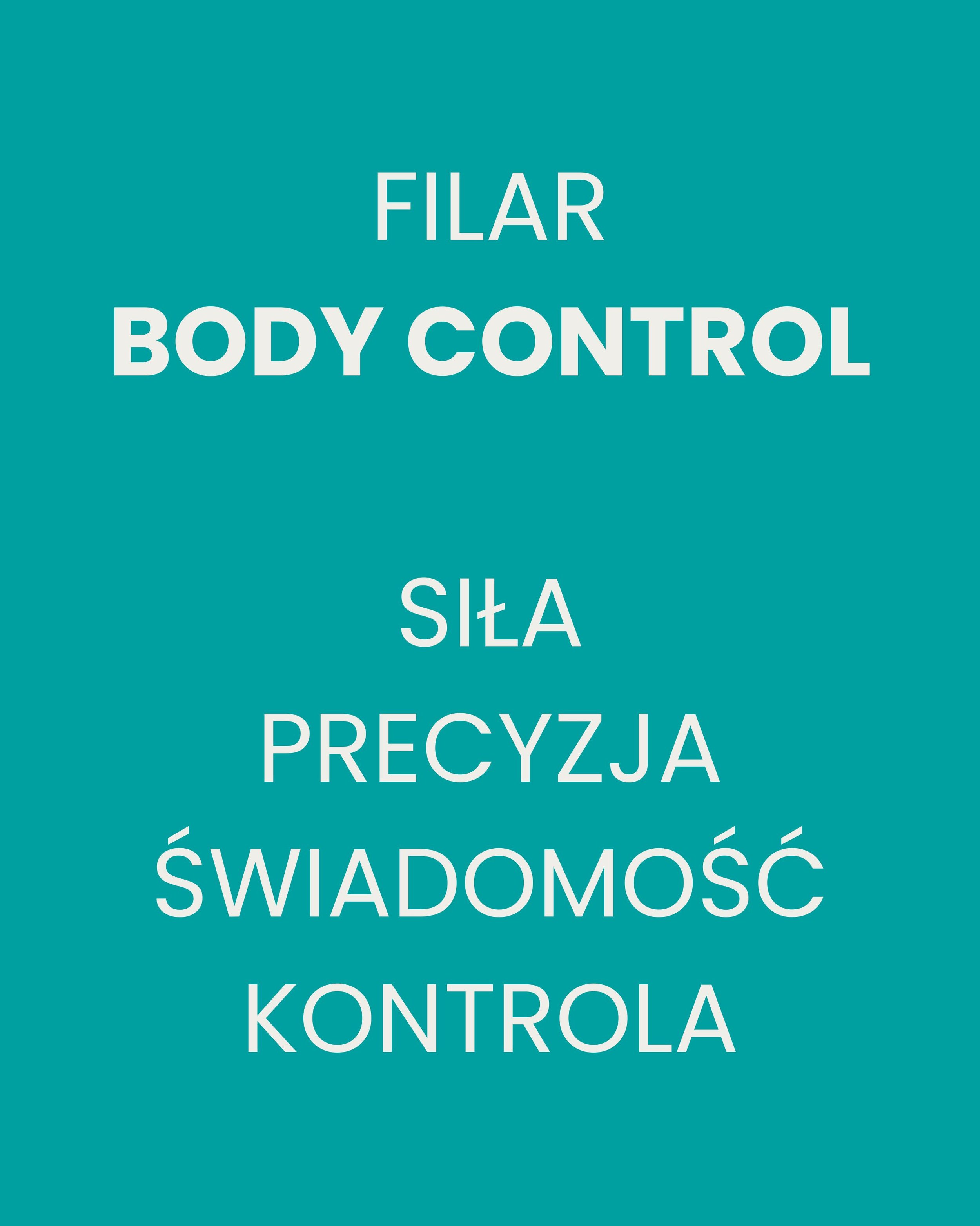 Poster with teal background displaying 'Filar Body Control' in English and Polish, emphasizing strength, precision, and awareness.