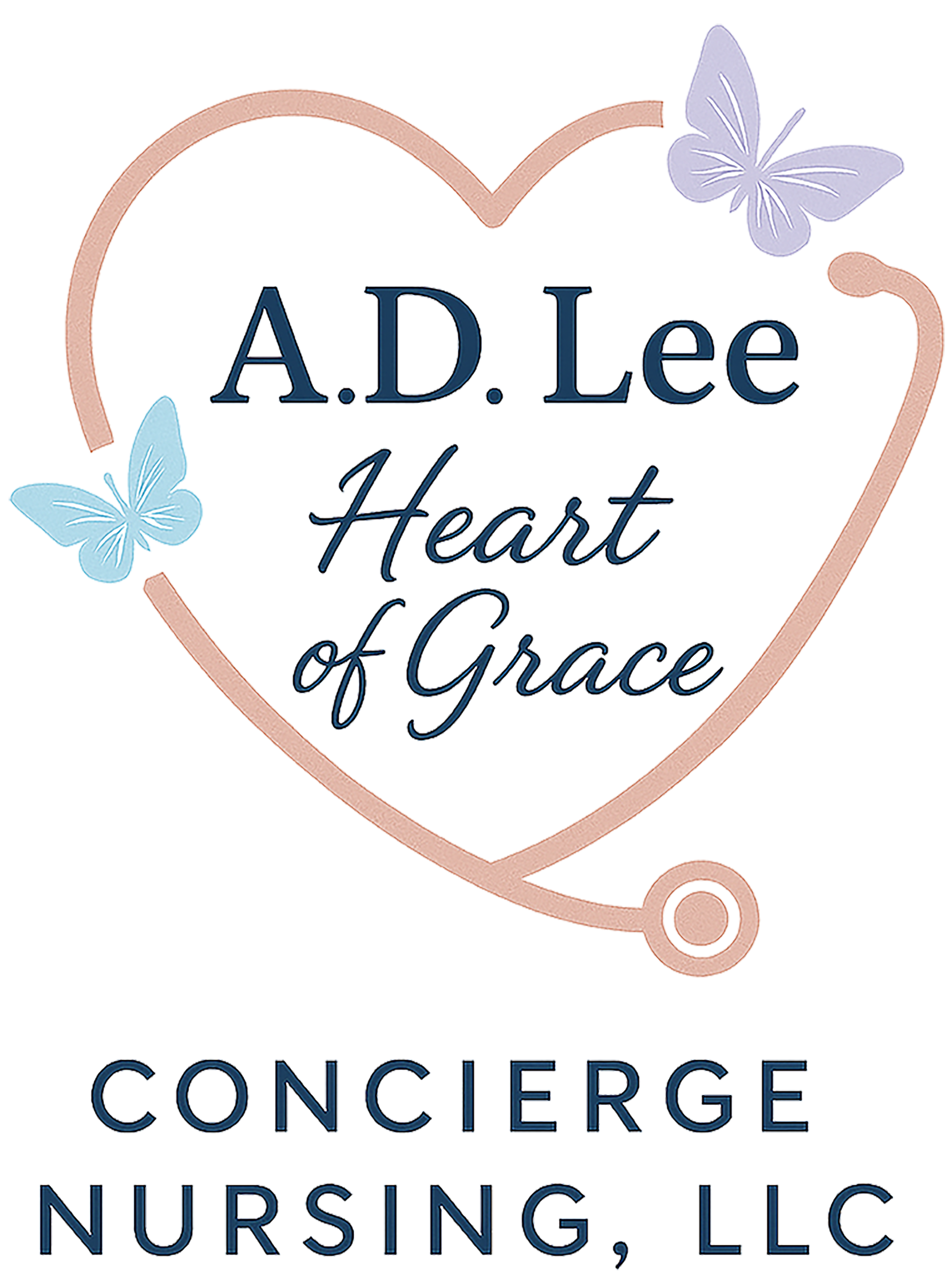 Logo for A.D. Lee Heart of Grace Concierge Nursing, LLC featuring a heart outline, butterflies, and elegant text.