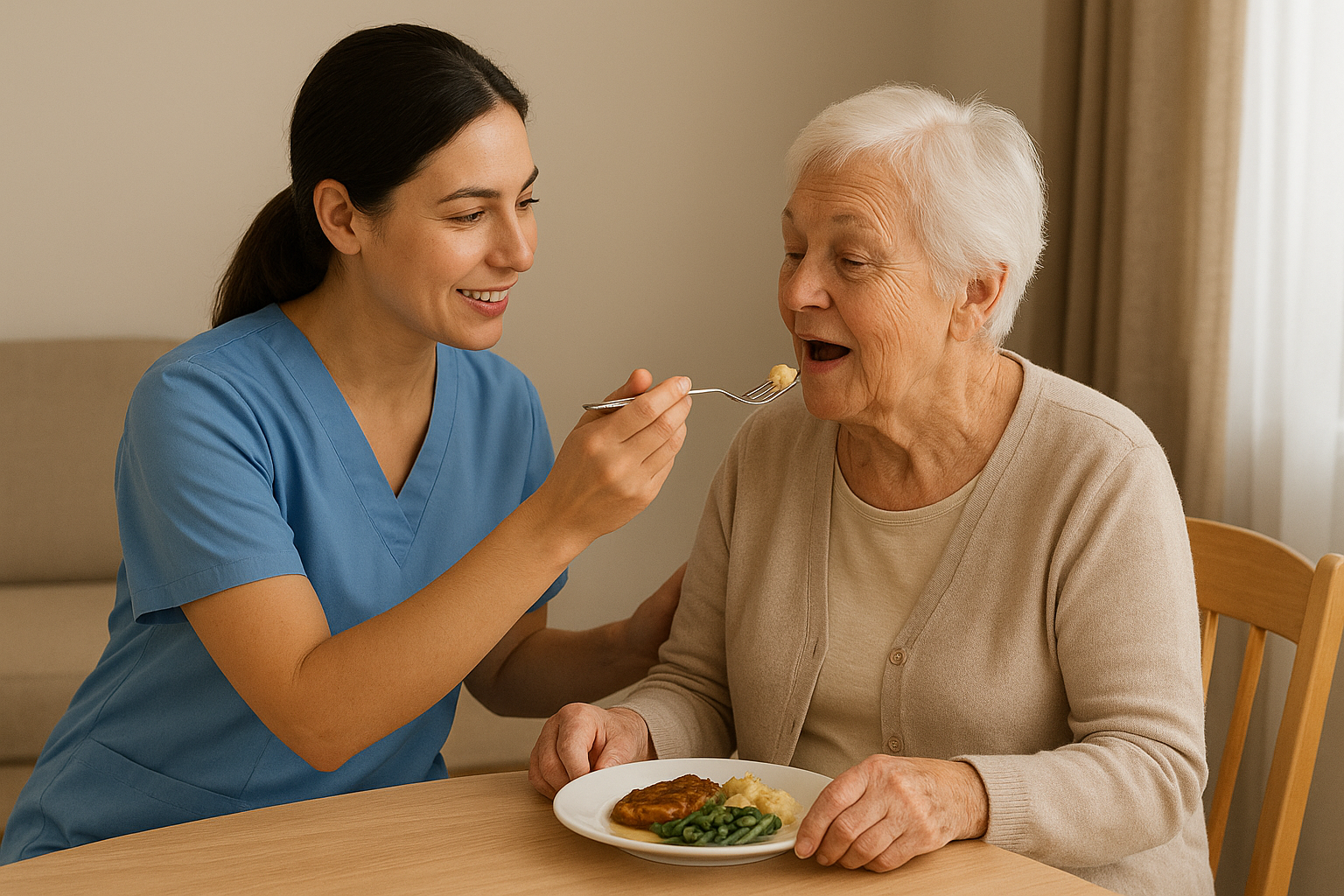 A nurse feeding an elderly woman with a fork at a dining table with a plate of food.