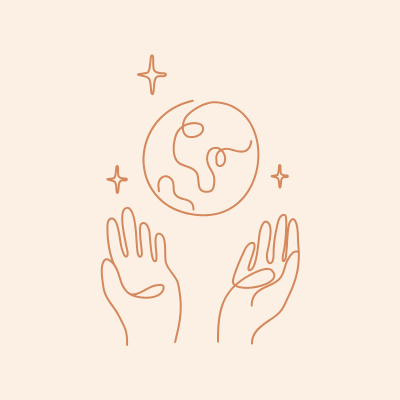 Minimalist line drawing of hands holding the Earth with stars, symbolizing Elaine’s collaborative, partner-minded style and focus on meaningful impact.