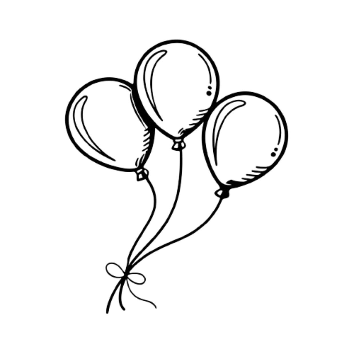 Black and white line drawing of three balloons tied together, floating against a background with gradient shading.