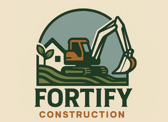 A logo featuring a construction excavator, a small house, and a tree within a semi-circle backdrop. The text reads 'FORTIFY CONSTRUCTION'.