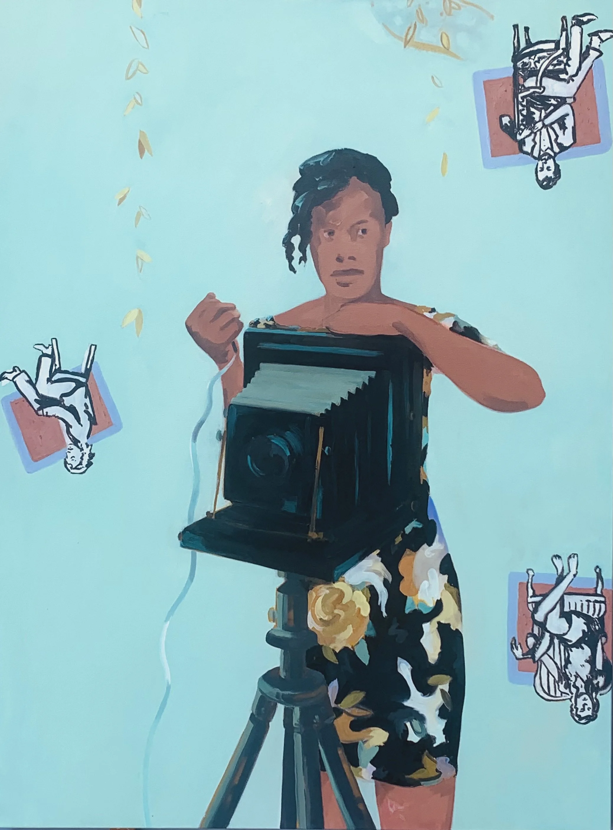 figure with box camera surrounded by  inverted image plates