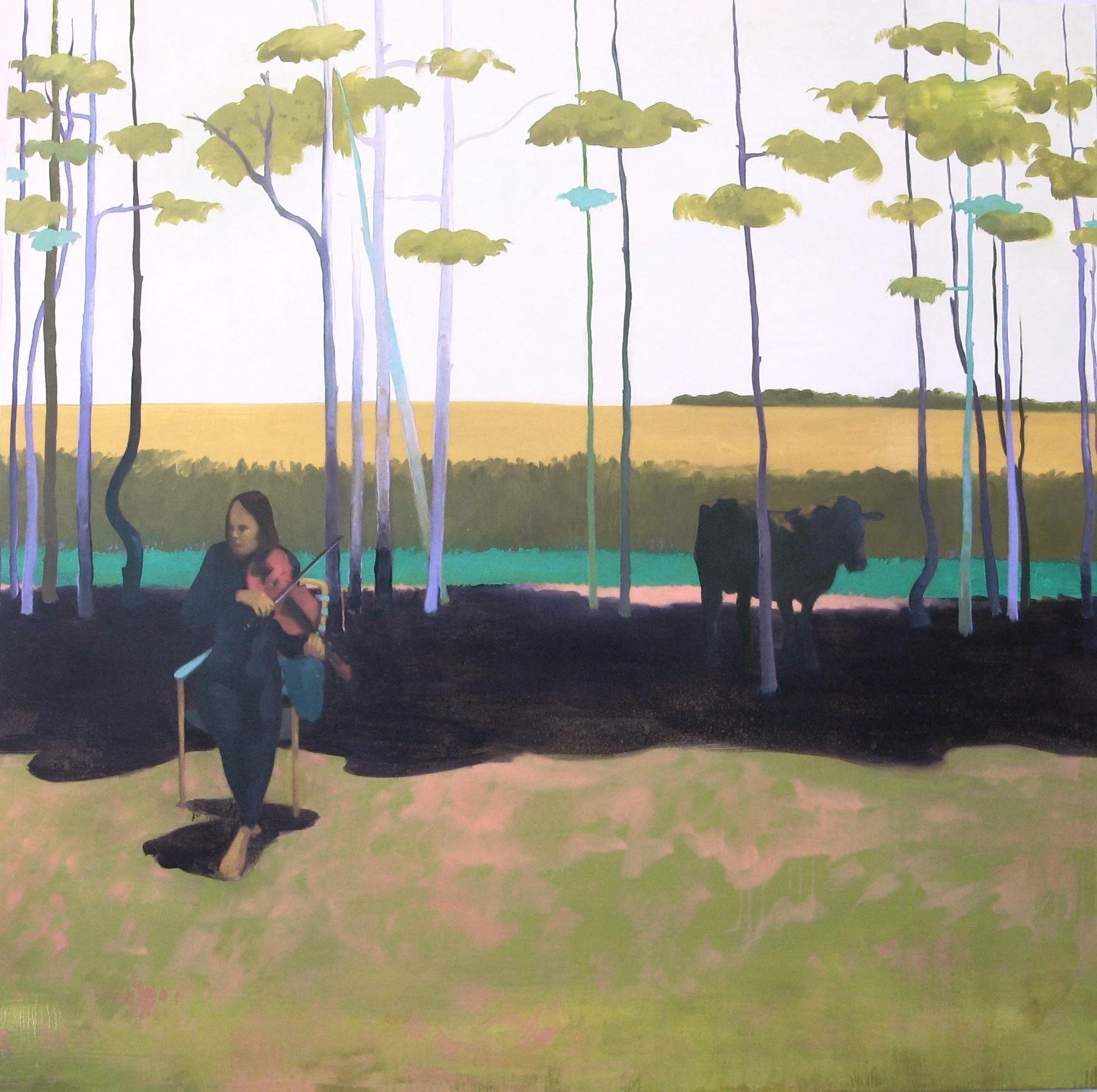 A figure plays fiddle with cow in background.