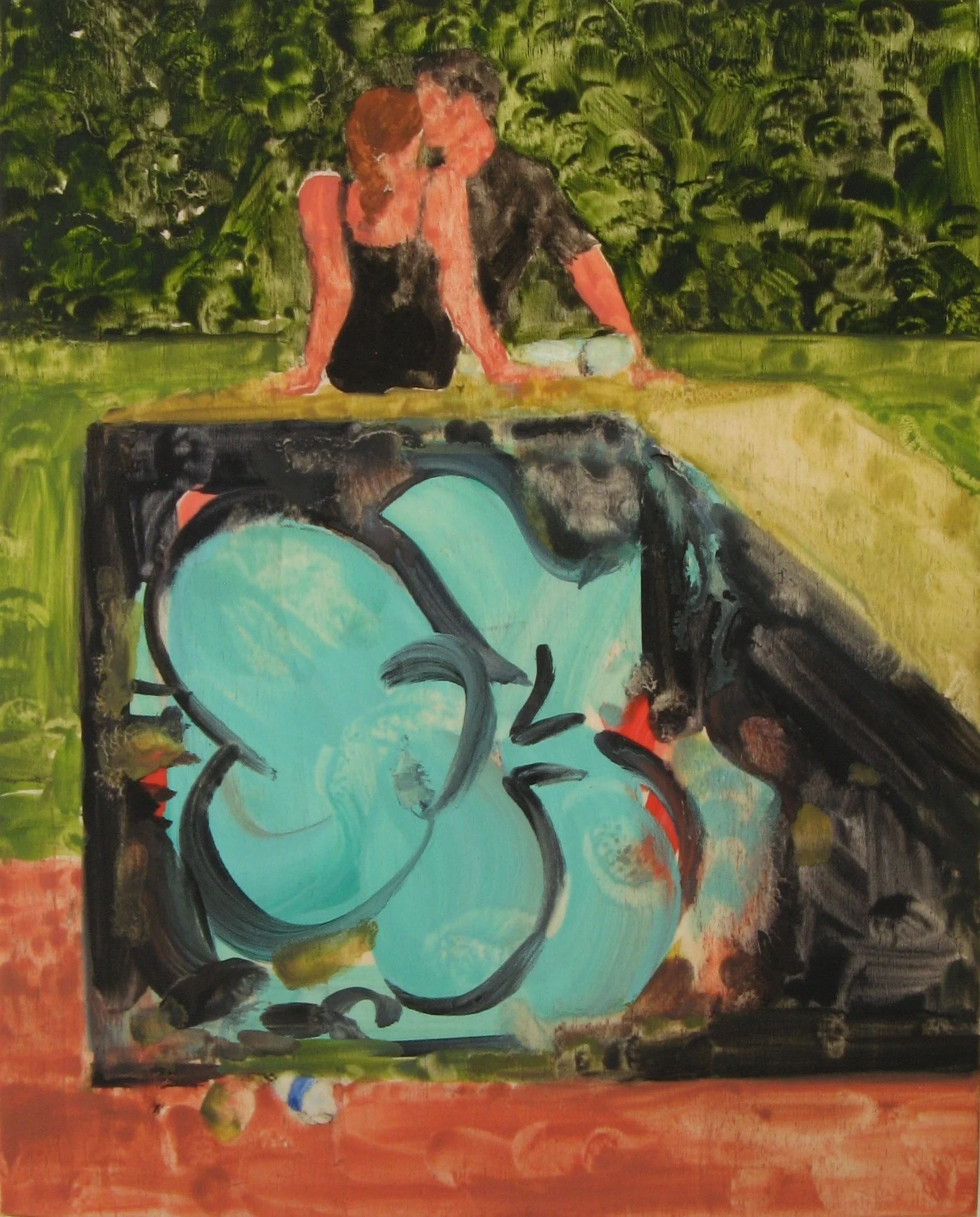 Two figures are seated on skateboard ramp.