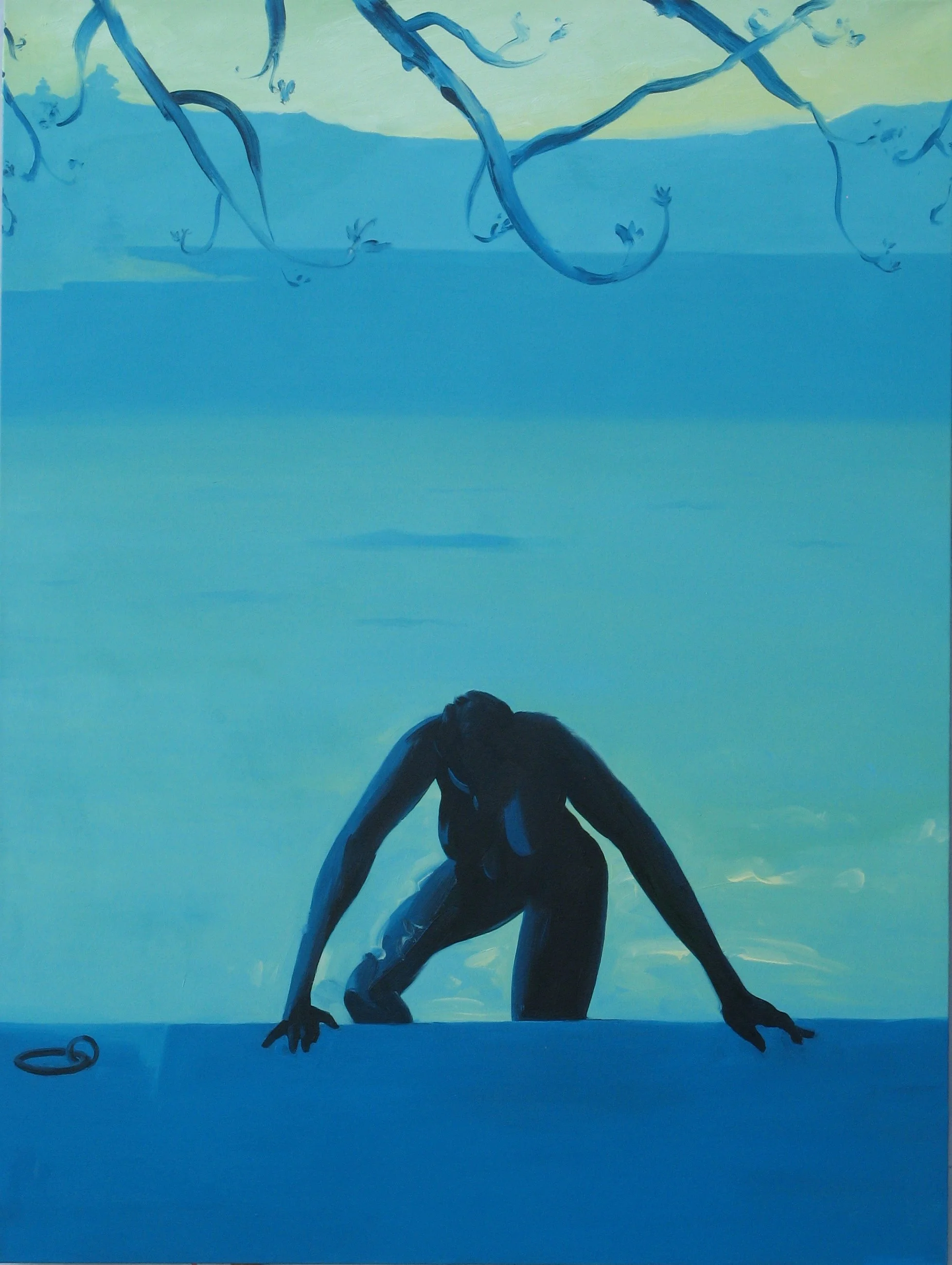 A female figure is emerging from water