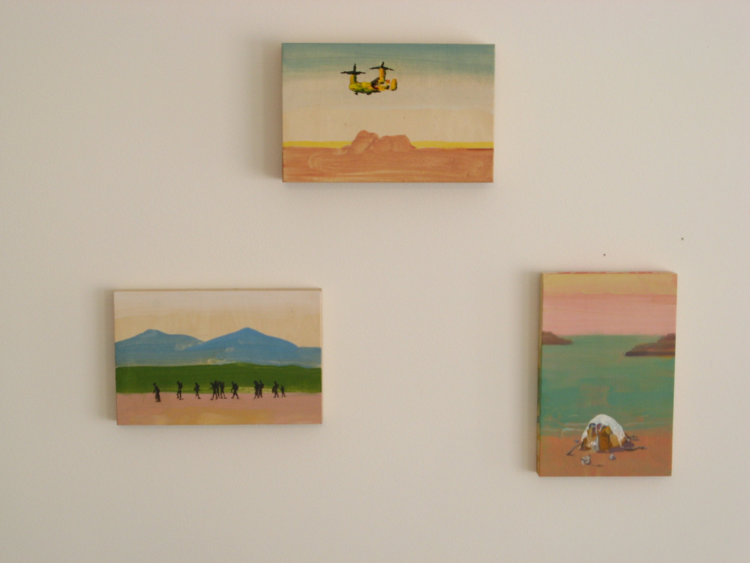 3 panels depicting exodus of refugees.