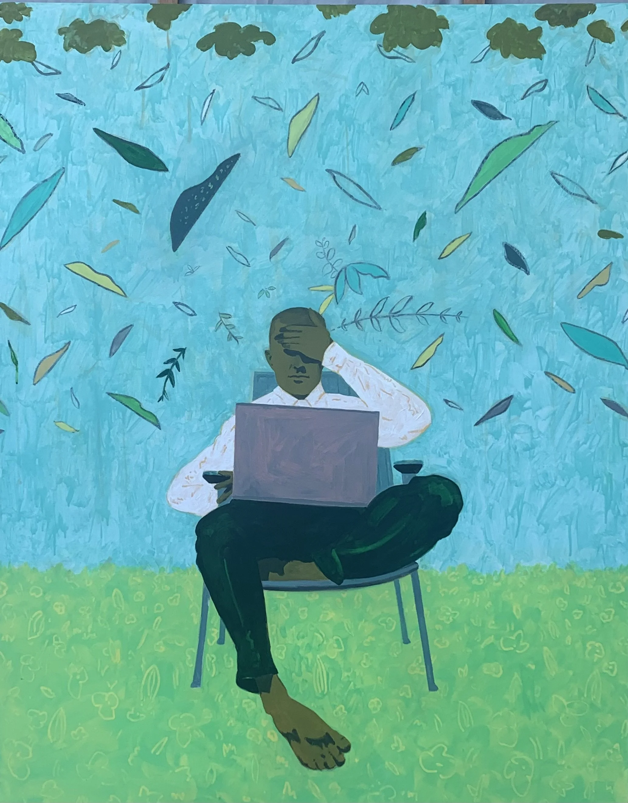 figure with laptop - acrylic and oil