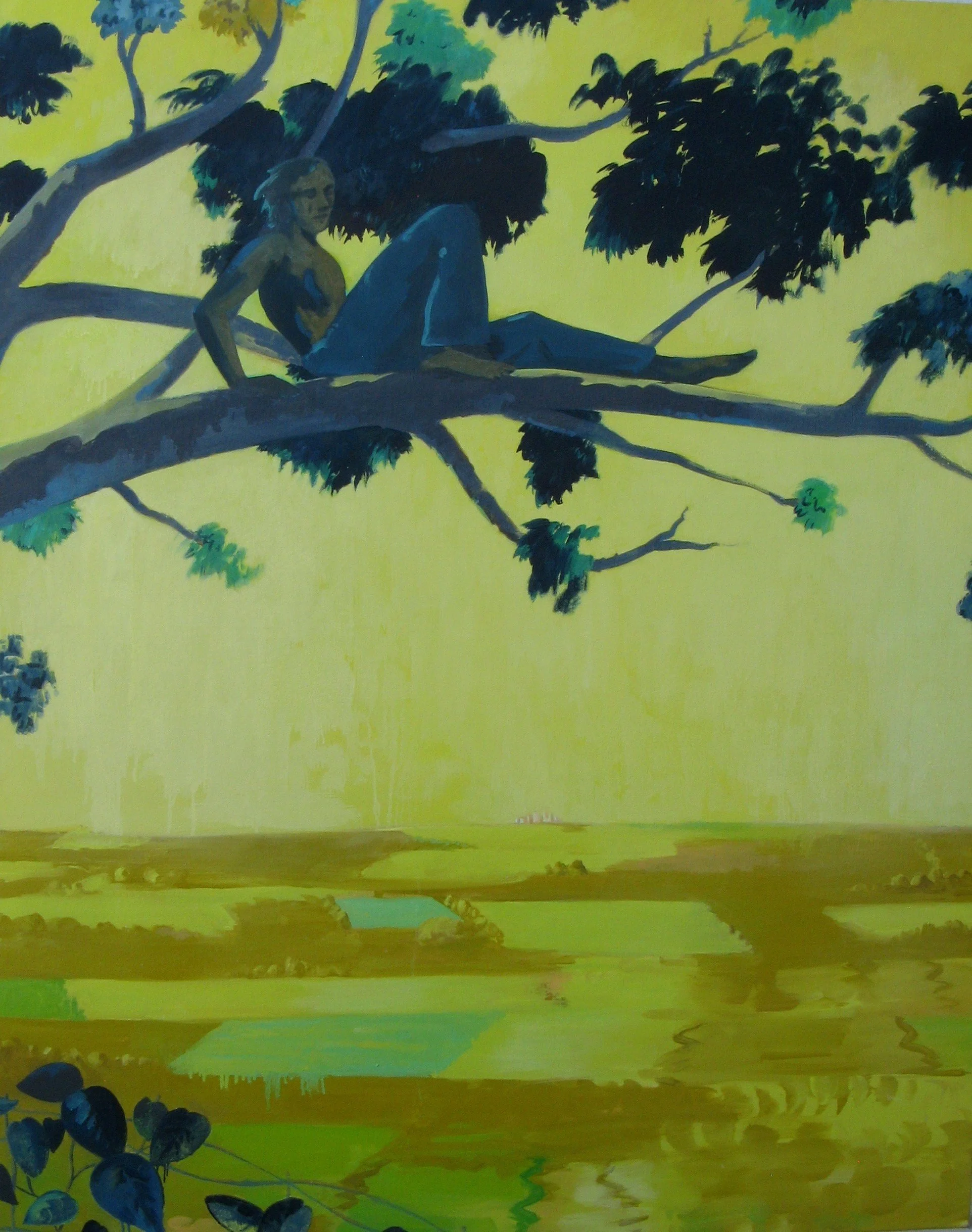 figure in tree perched over an agricultural landscape with city scape in far distance