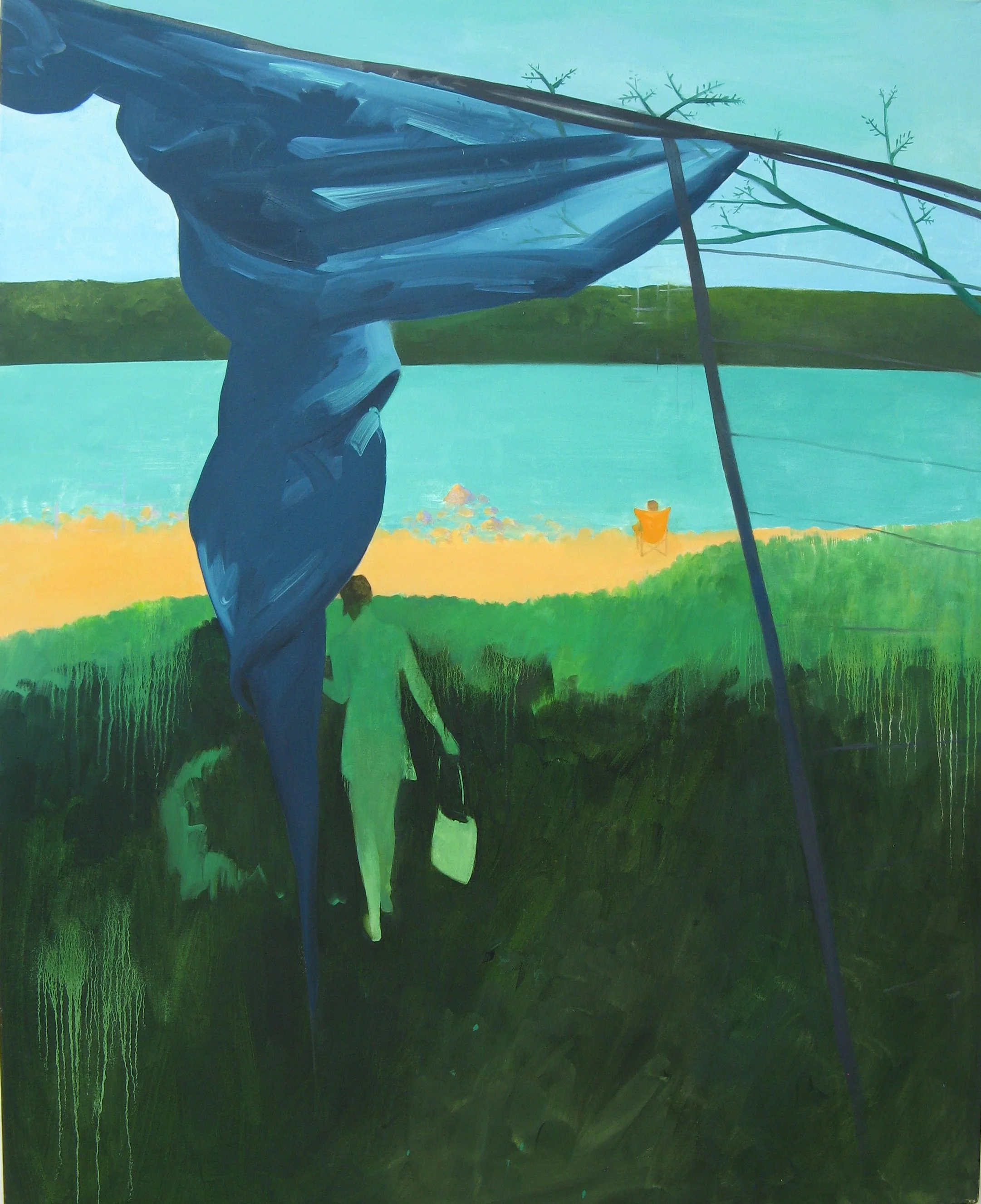 A figure approaches the beach.