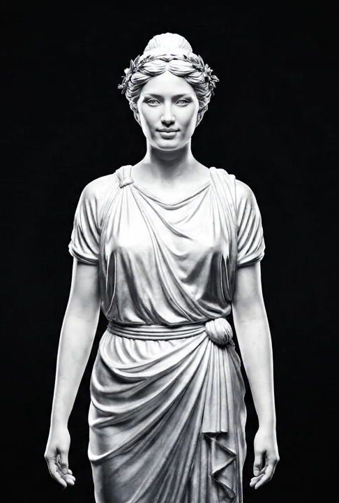 Meity Avatar - black and white statue of a woman with a floral headband, wearing a classical draped dress.