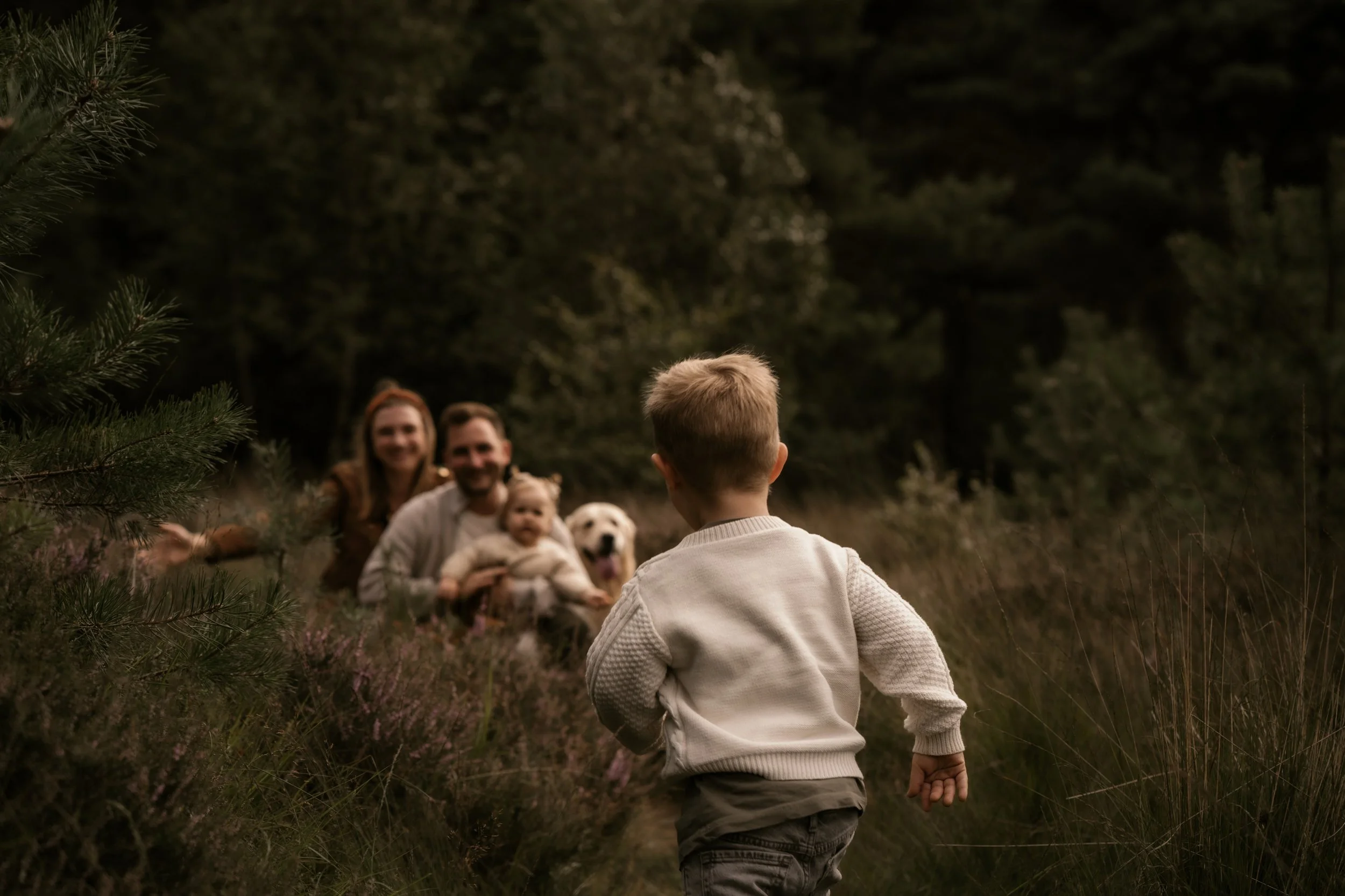 Ein Junge läuft durch ein Waldgebiet auf eine Gruppe von drei Erwachsenen, einem Kind und einem Hund zu, die am Boden im Wald sitzen und lachen.