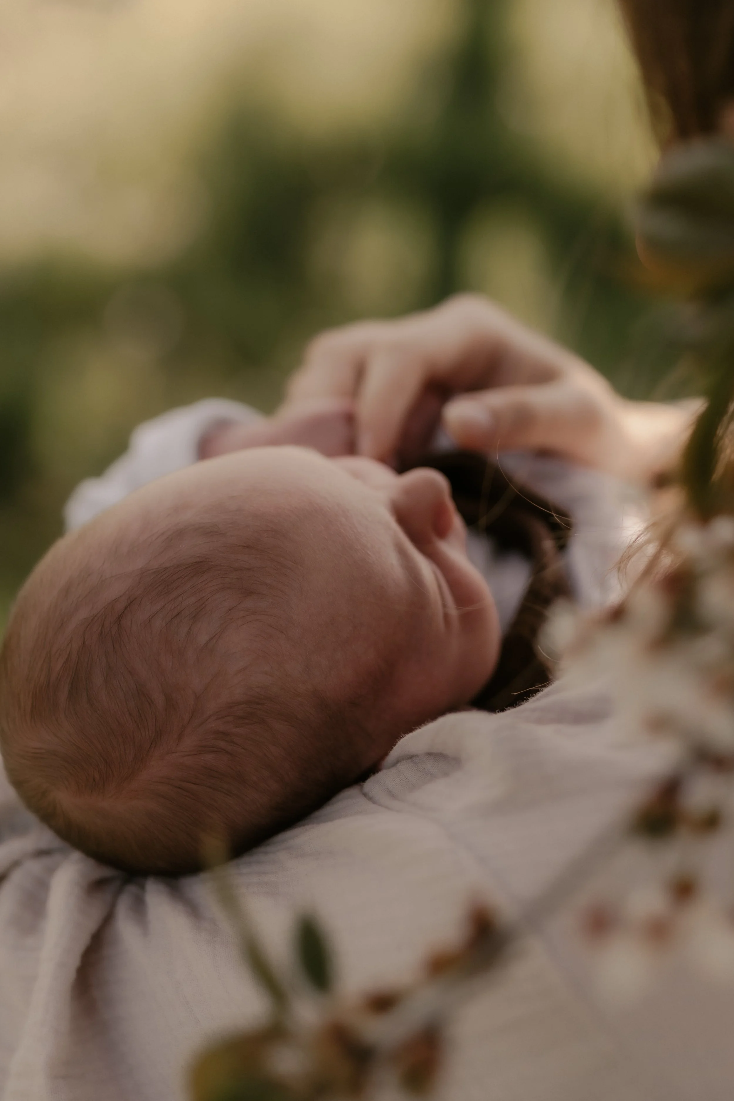 Ein neugeborenes Baby liegt auf einer weichen weißen Decke, umgeben von grünen Pflanzen, und schläft friedlich.
