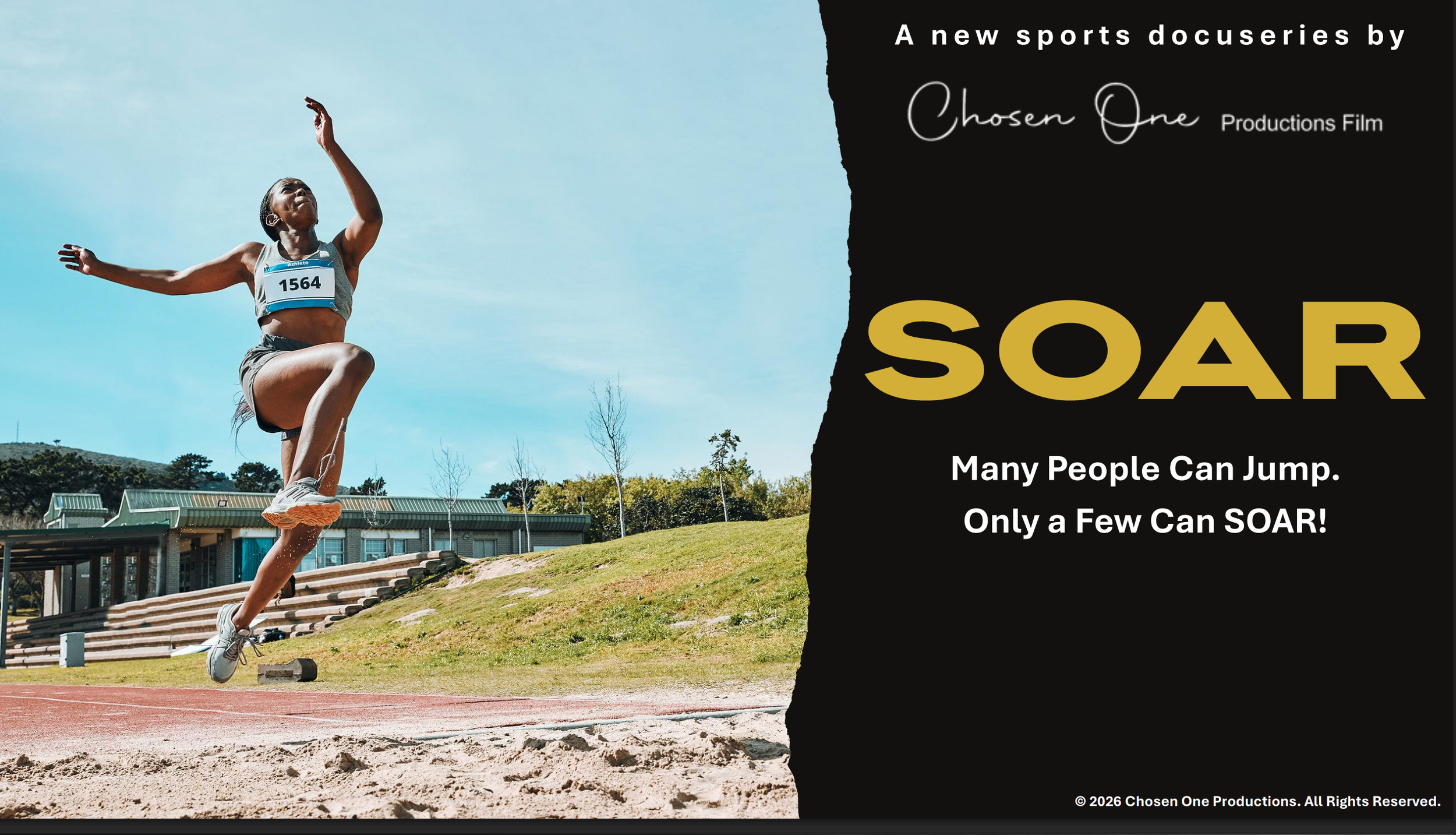 A female athlete is in a mid-air jump during a track and field event outdoors with green grass in the background, under a blue sky. Sample pitch bible for a documentary series.